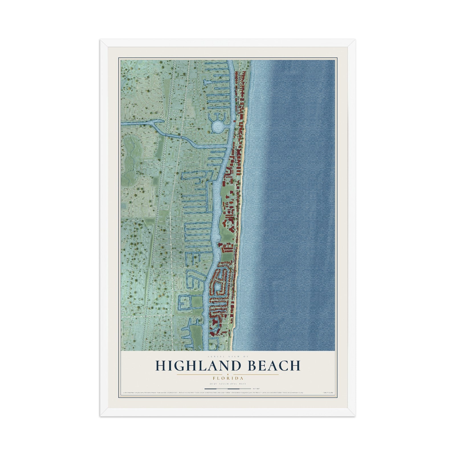Highland Beach, Florida map print, 12" x 18" W/ White Ayous Wood Frame mockup