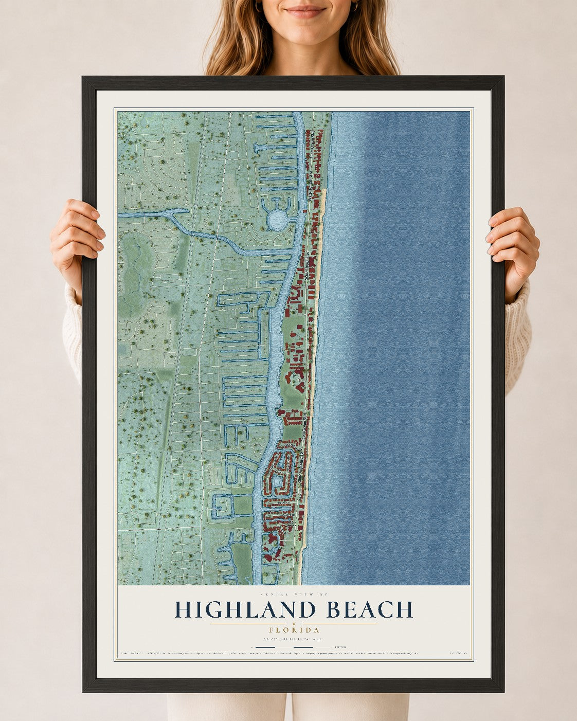Highland Beach, Florida map print, 24" x 36" W/ Black Ayous Wood Frame mockup