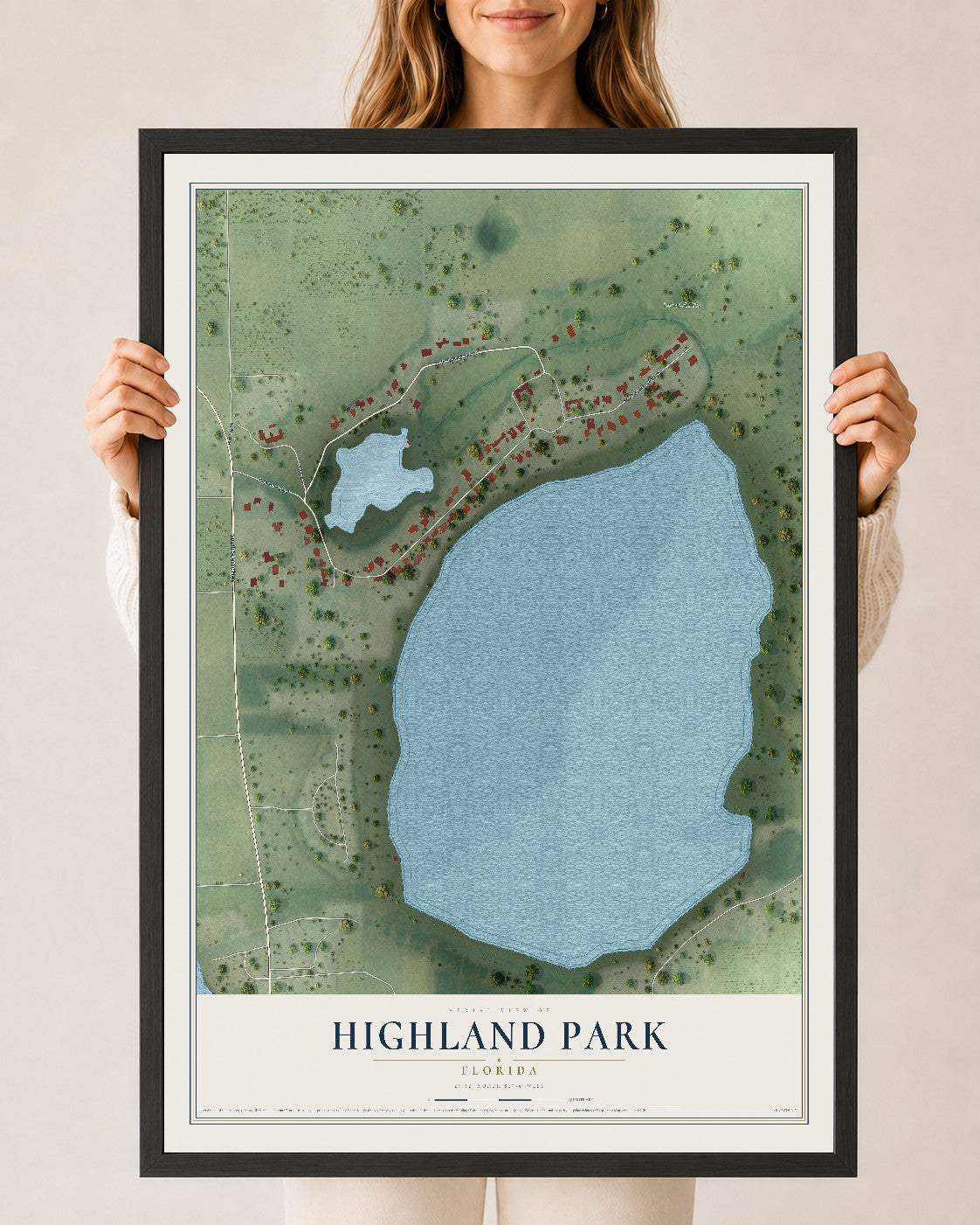 Highland Park, Florida map print, 24" x 36" W/ Black Ayous Wood Frame mockup