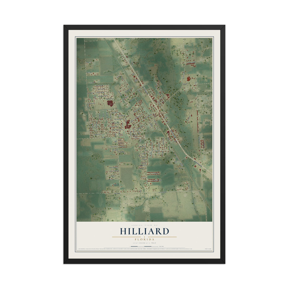 Hilliard, Florida map print, 12" x 18" W/ Black Ayous Wood Frame mockup
