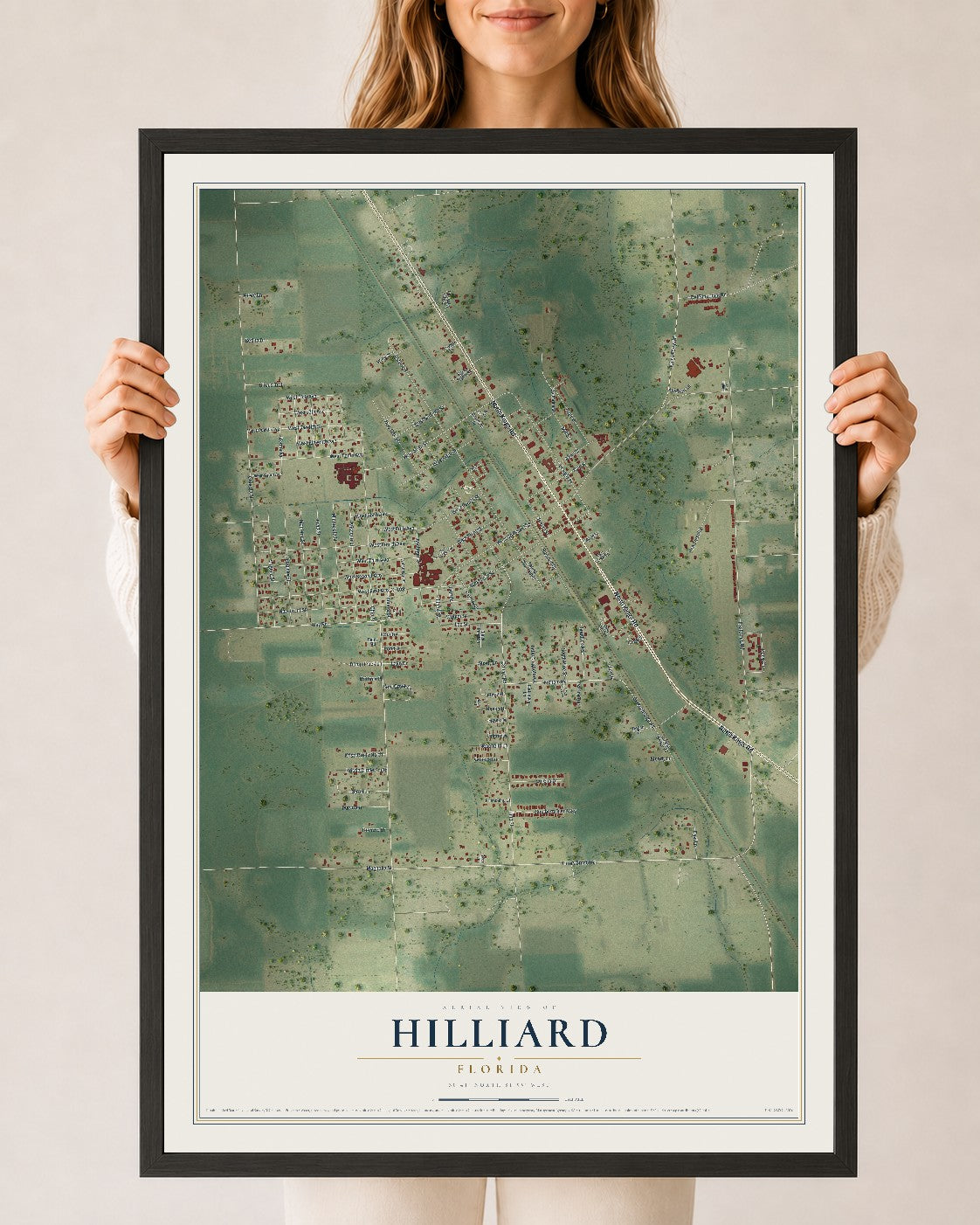 Hilliard, Florida map print, 24" x 36" W/ Black Ayous Wood Frame mockup