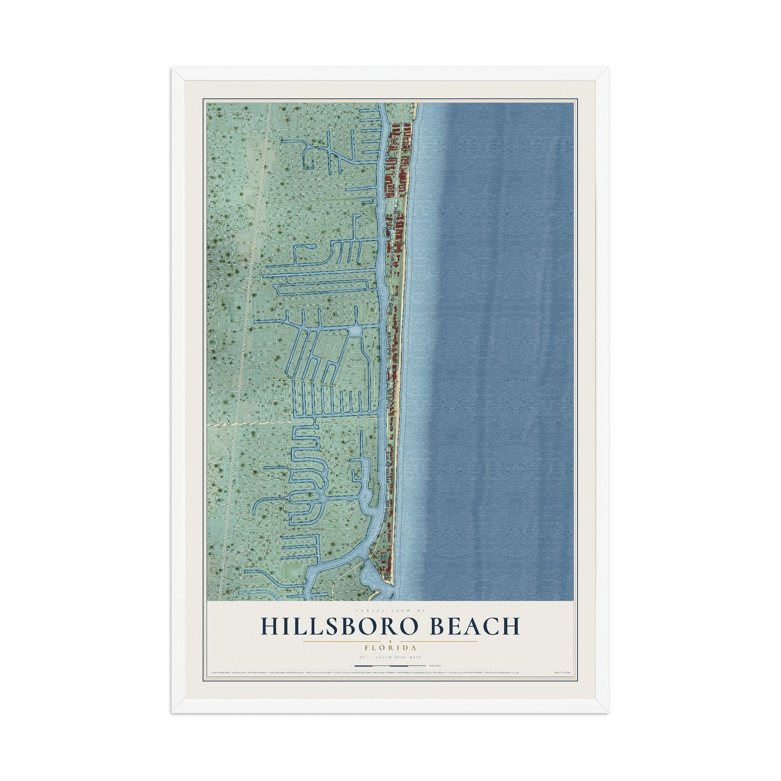Hillsboro Beach, Florida map print, 12" x 18" W/ White Ayous Wood Frame mockup