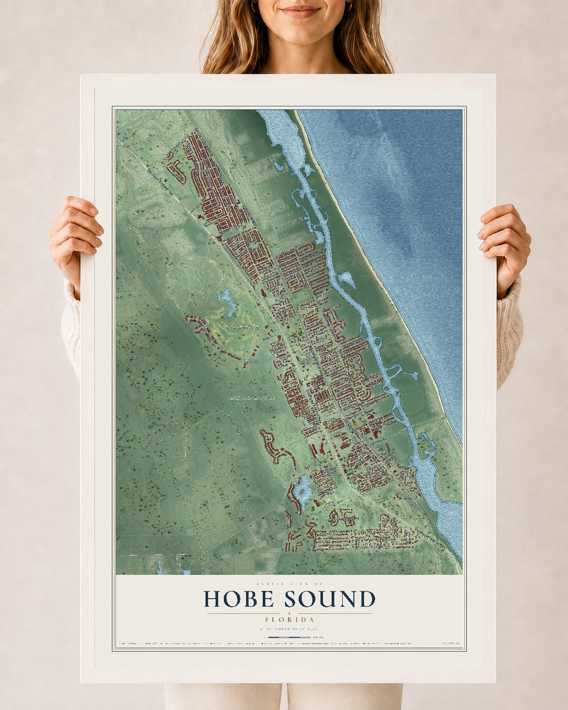 Hobe Sound, Florida map print, 24" x 36" W/ White Ayous Wood Frame mockup