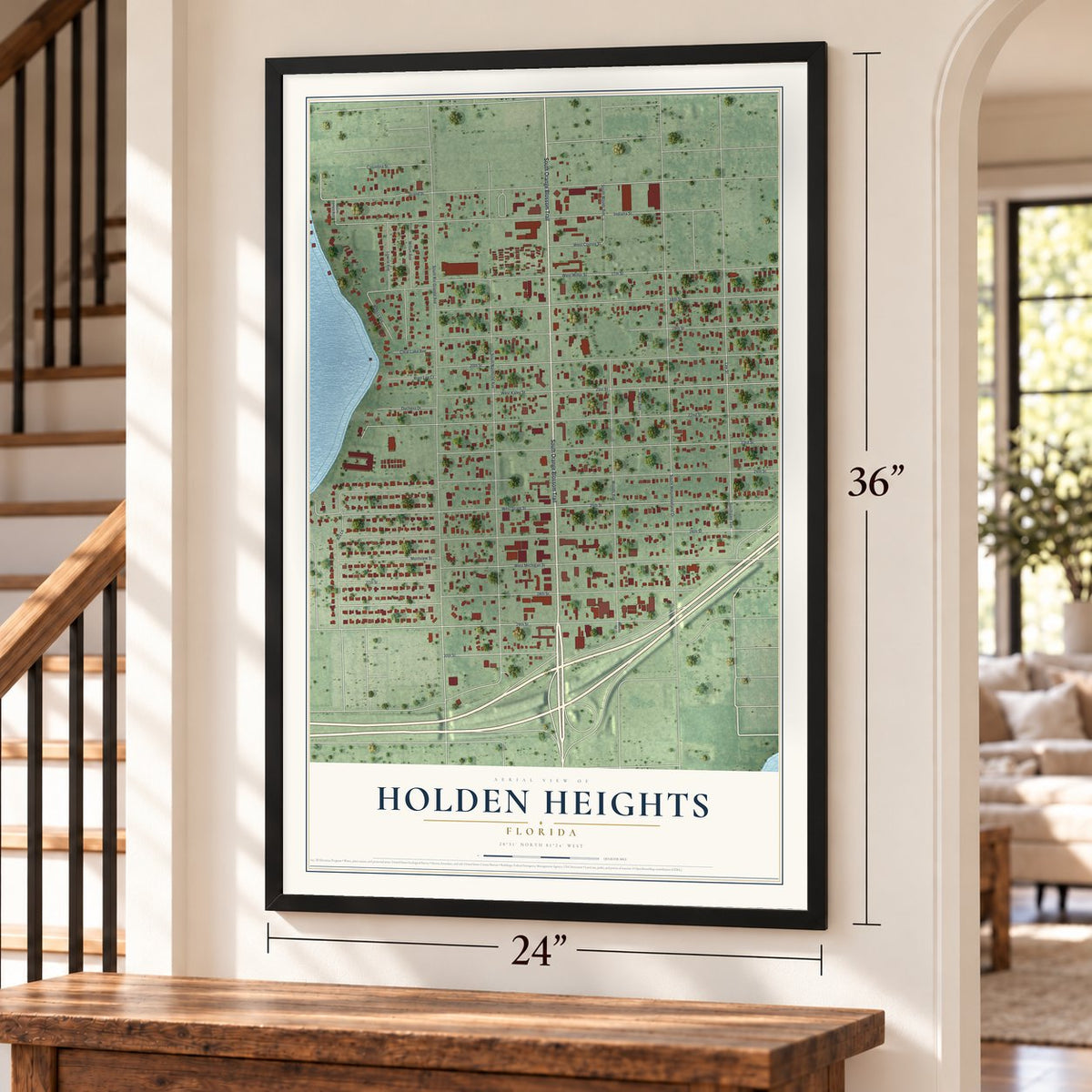 Holden Heights, Florida map, 24 x 36 inch print in a black frame by a staircase