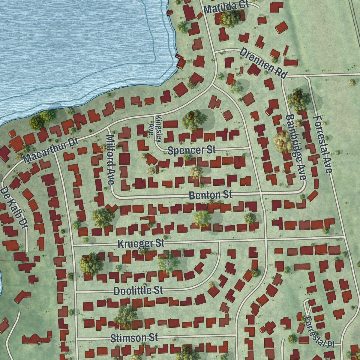 Close-up of the map of Holden Lakes, Florida print showing street and building detail