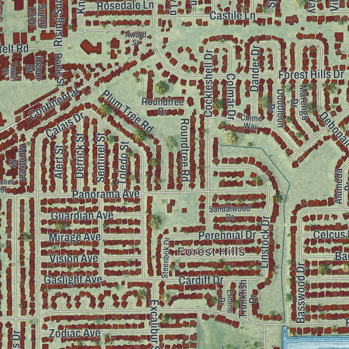 Close-up of the map of Holiday, Florida print showing street and building detail