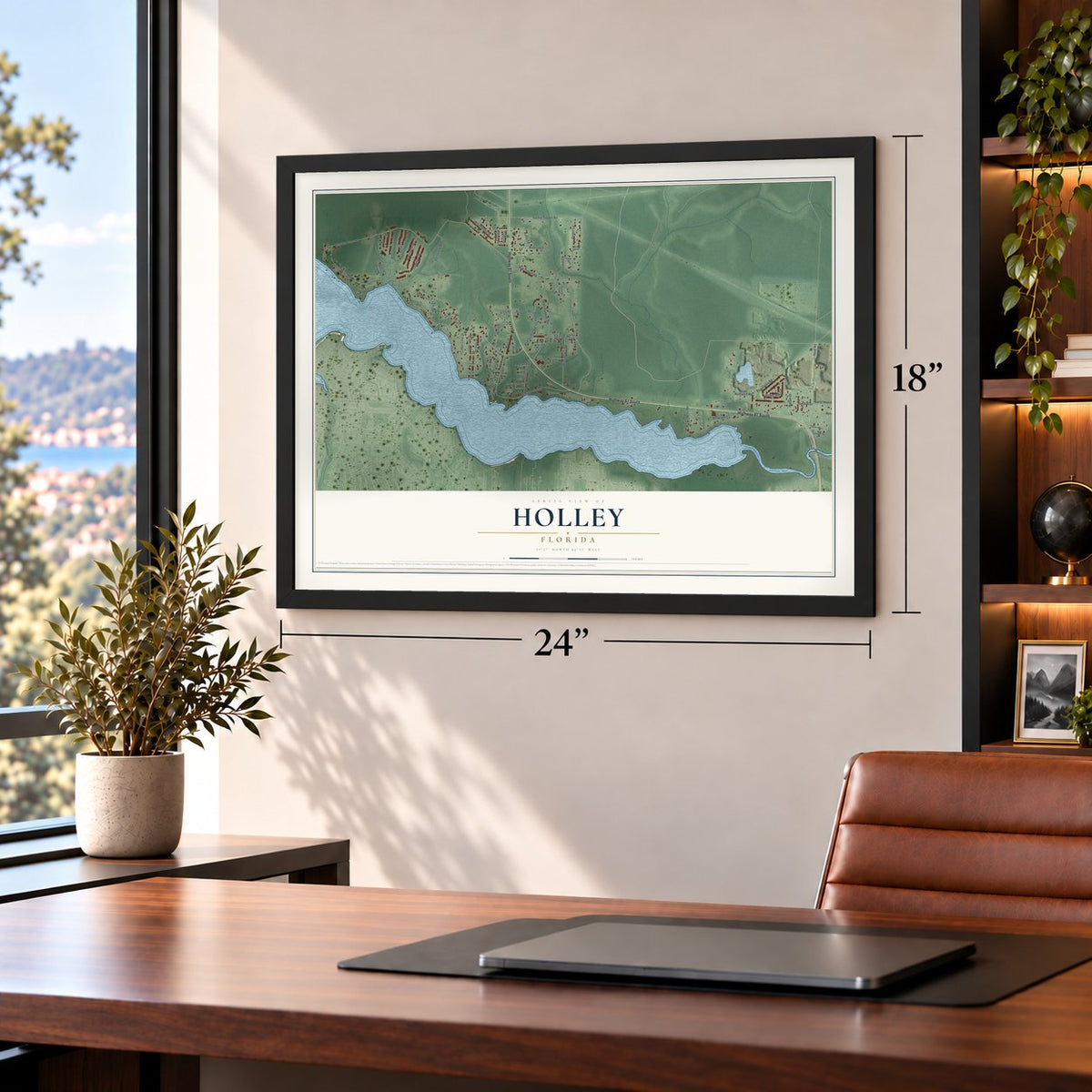 Holley, Florida map, 18 x 24 inch print in a black frame in a home office