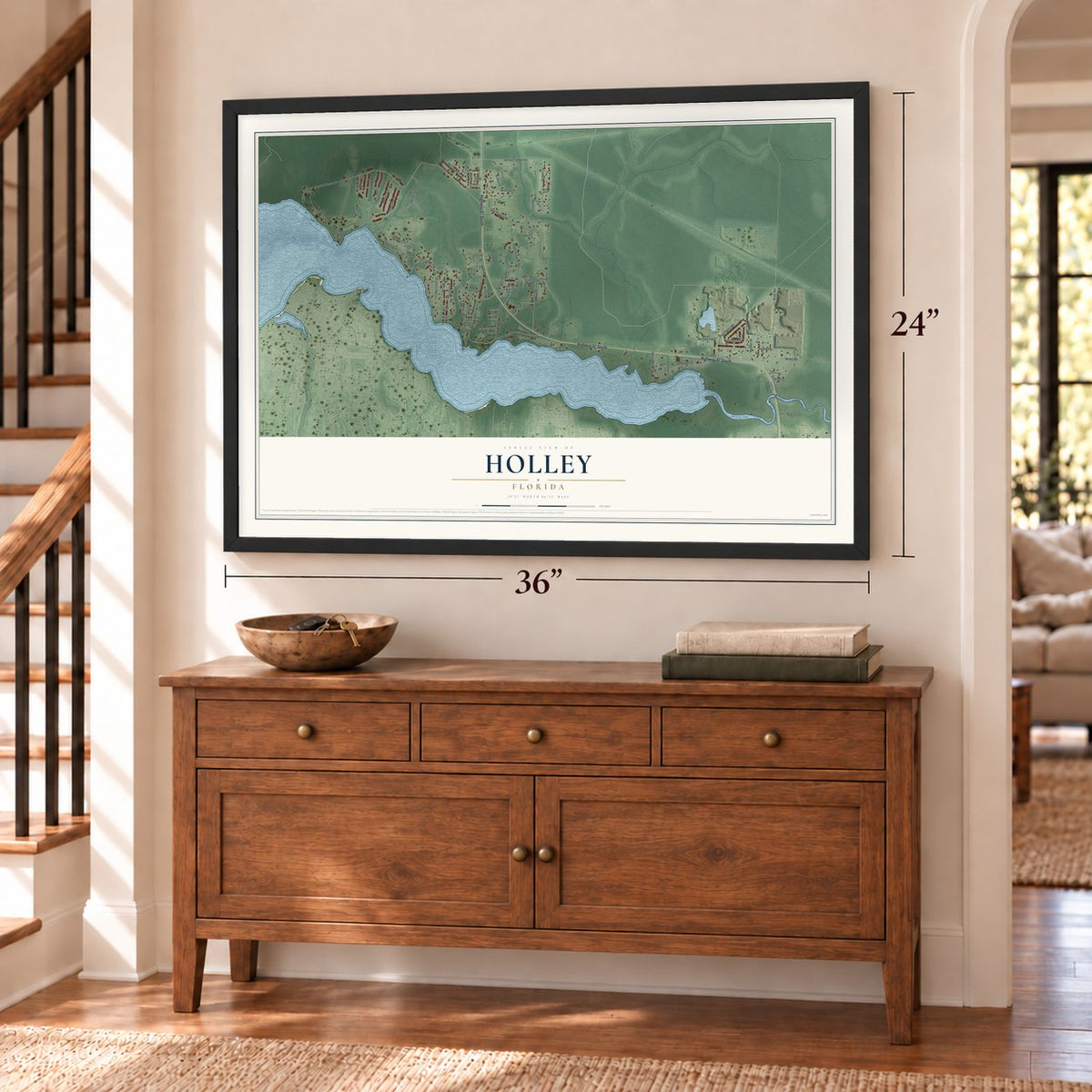 Holley, Florida map, 24 x 36 inch print in a black frame above a dresser by a staircase