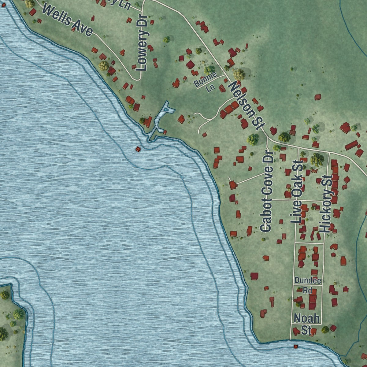 Close-up of the map of Holley, Florida print showing street and building detail