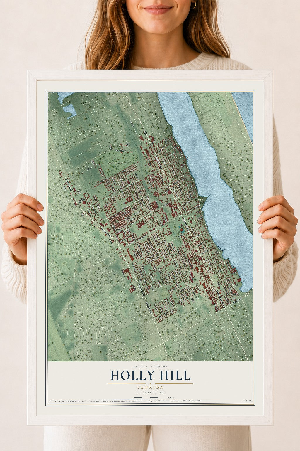Holly Hill, Florida map print, 18" x 24" W/ White Ayous Wood Frame mockup