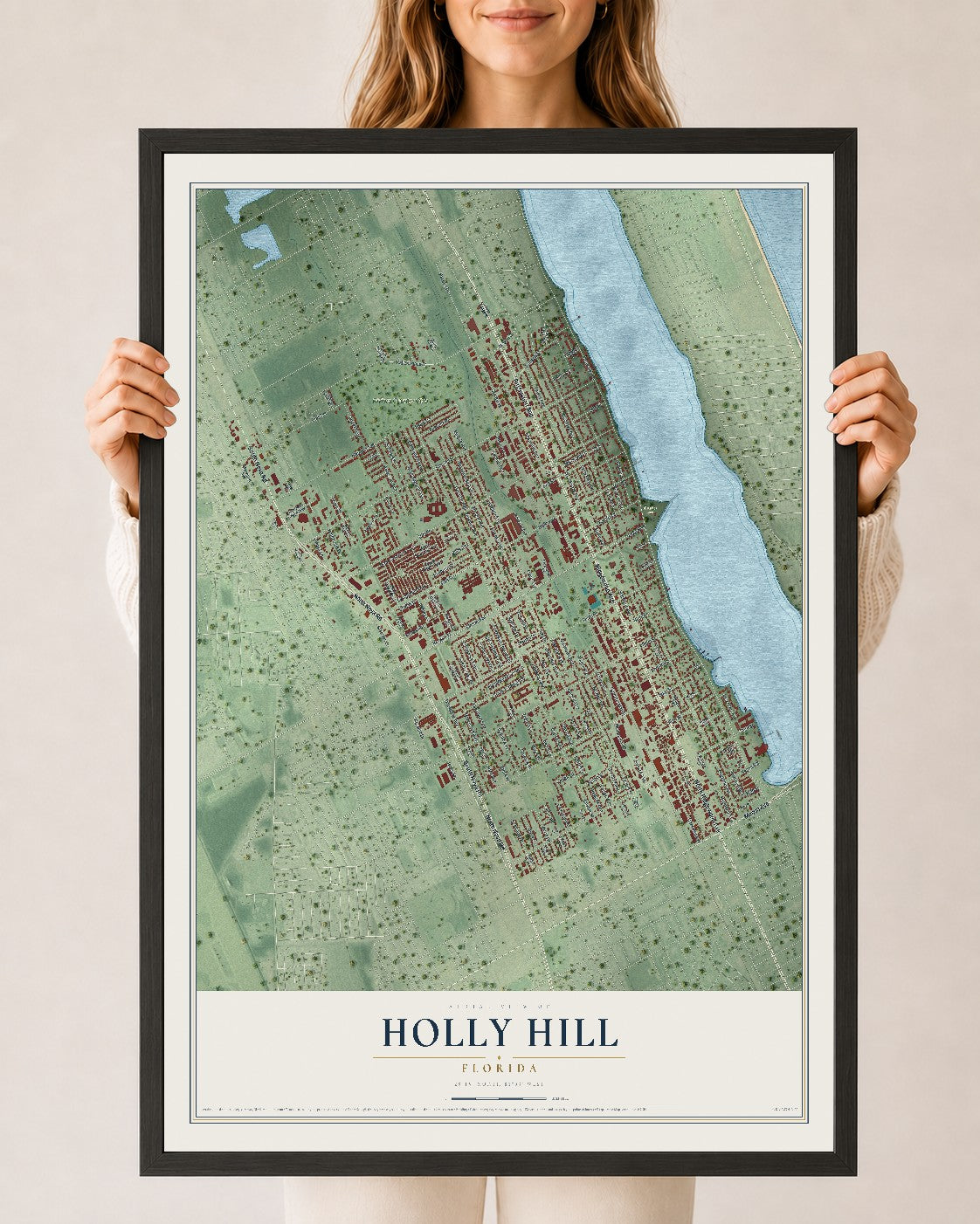 Holly Hill, Florida map print, 24" x 36" W/ Black Ayous Wood Frame mockup
