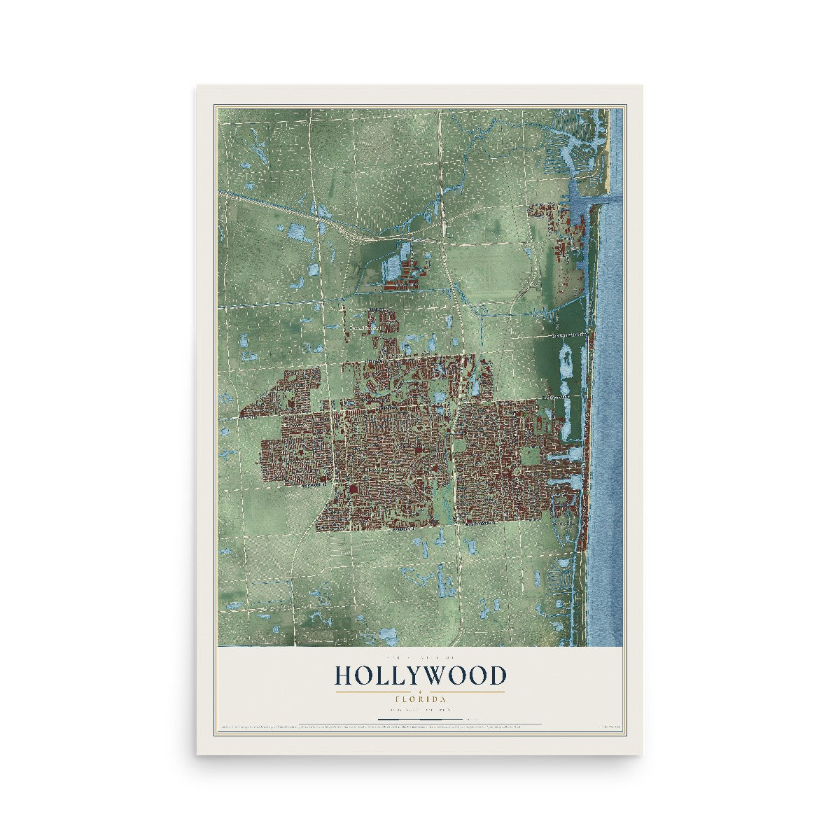 Map of Hollywood, Florida, 12 x 18 inch unframed archival matte print
