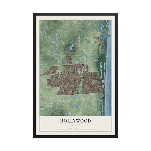 Map of Hollywood, Florida, 12 x 18 inch print in a black wood frame