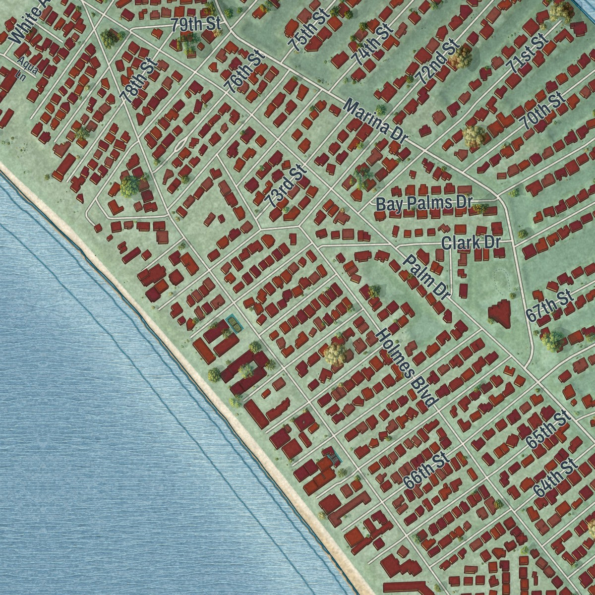 Close-up 1 of the Holmes Beach, Florida map artwork