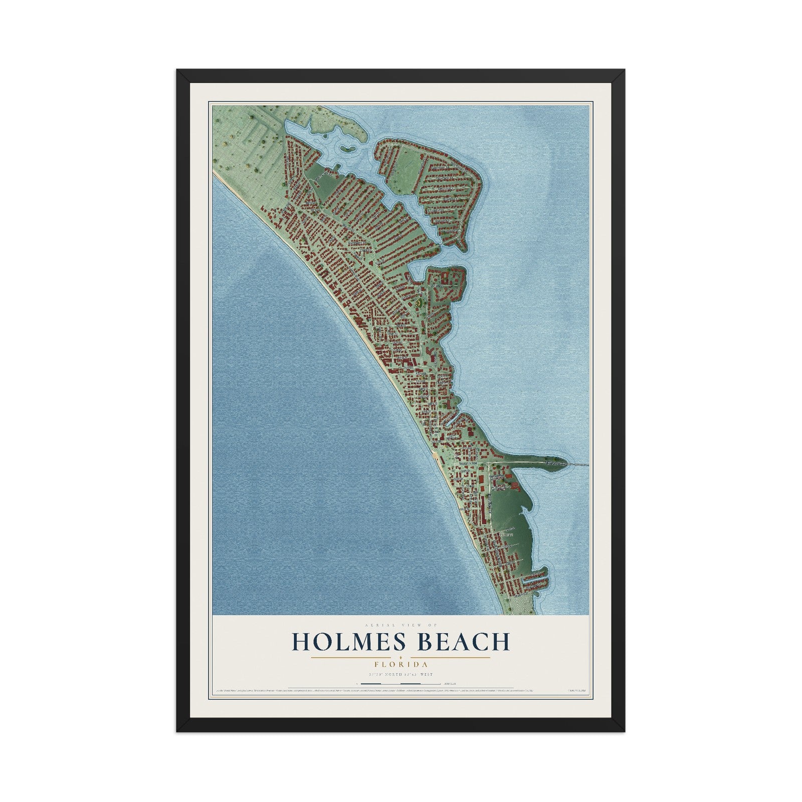 Holmes Beach, Florida map print, 12" x 18" W/ Black Ayous Wood Frame mockup