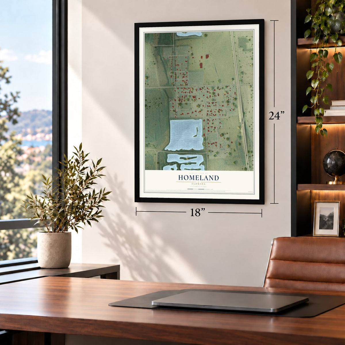 Homeland, Florida map, 18 x 24 inch print in a black frame in a home office