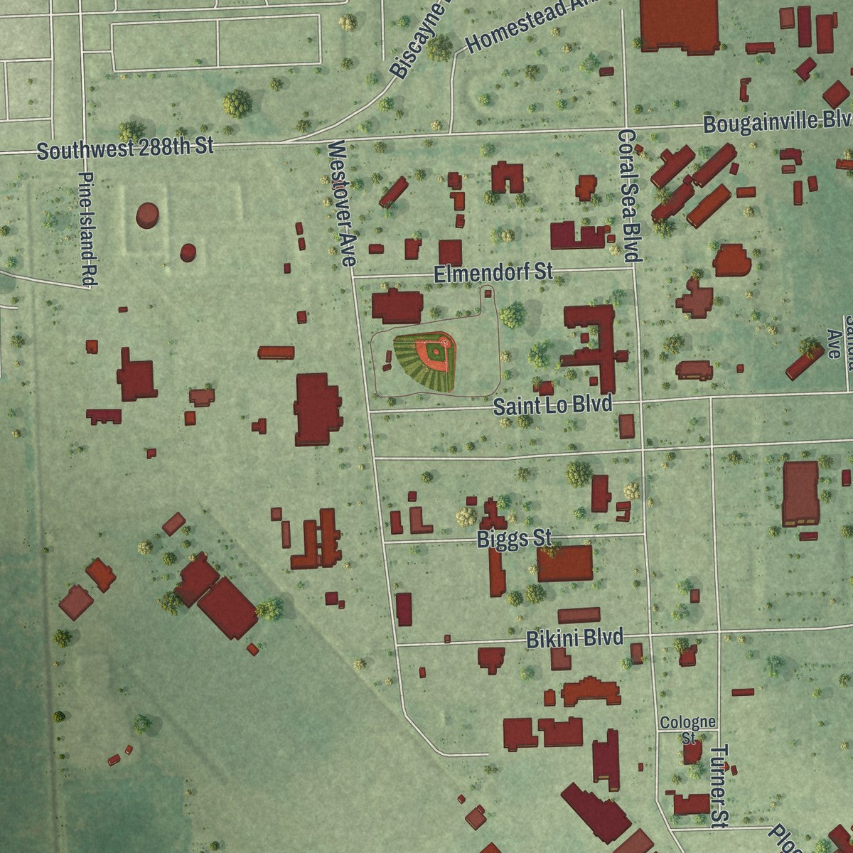 Close-up of the map of Homestead Base, Florida print showing street and building detail