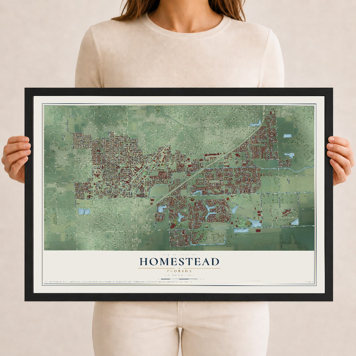 Homestead, Florida map print, 12" x 18" W/ Black Ayous Wood Frame mockup