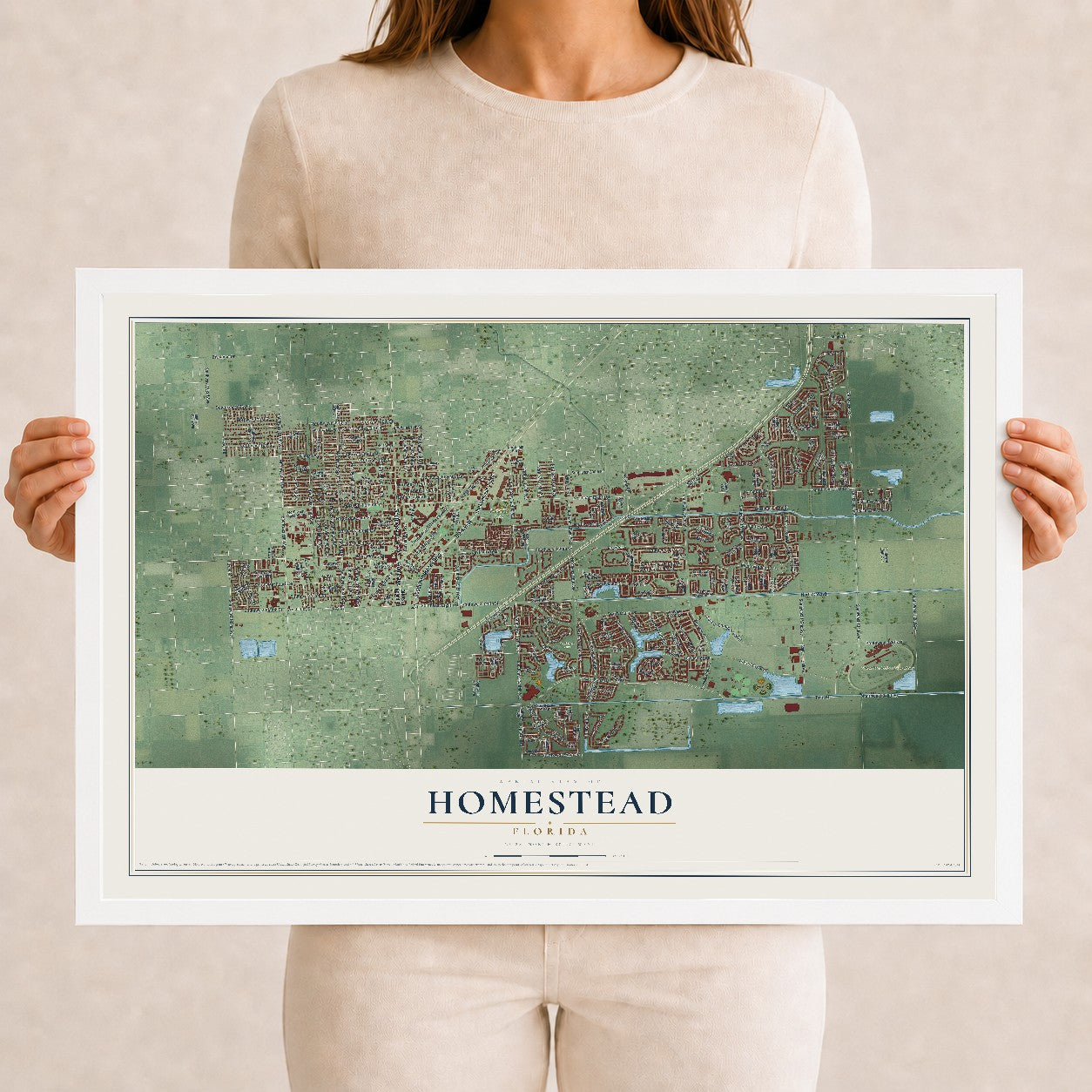 Homestead, Florida map print, 12" x 18" W/ White Ayous Wood Frame mockup