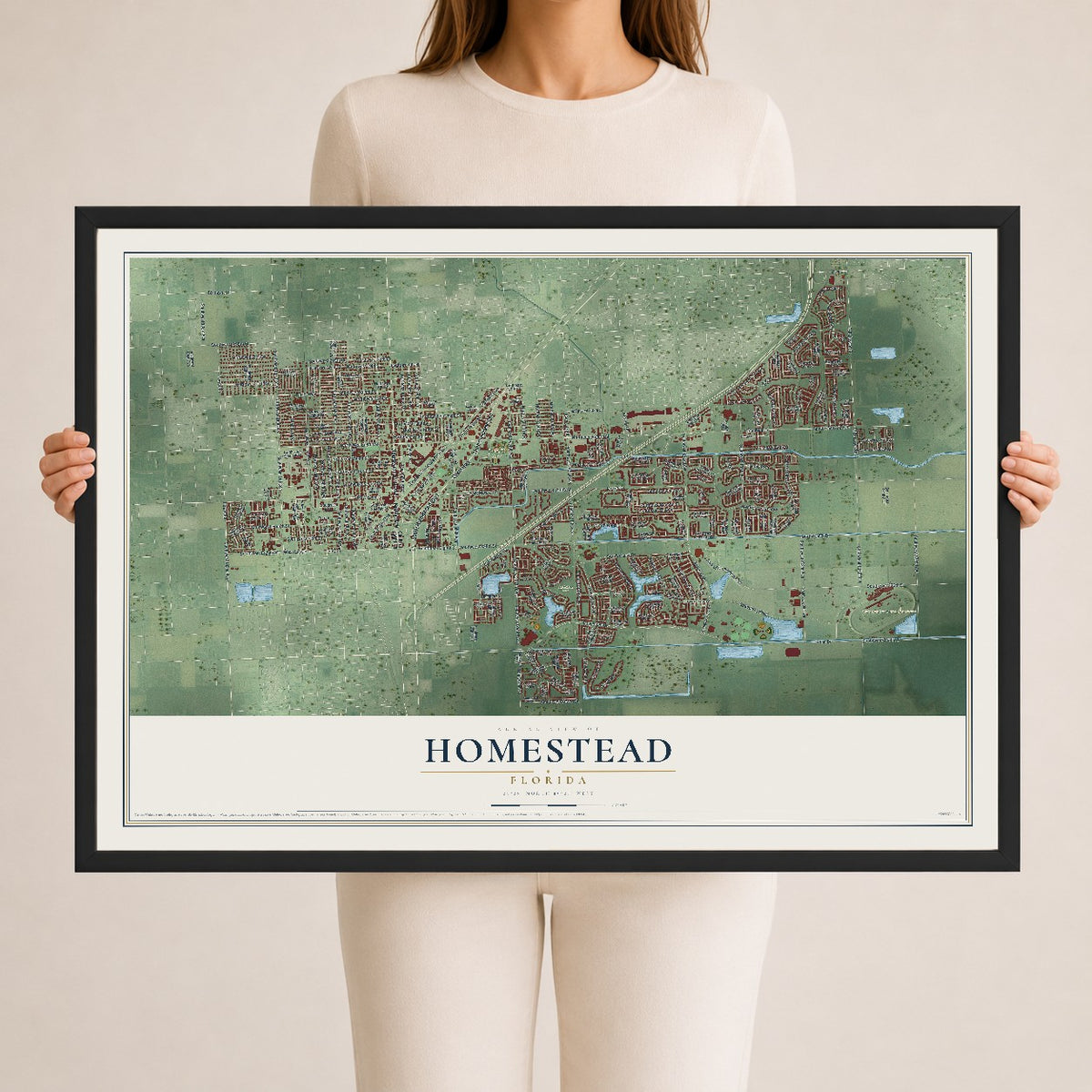 Homestead, Florida map print, 24" x 36" W/ Black Ayous Wood Frame mockup