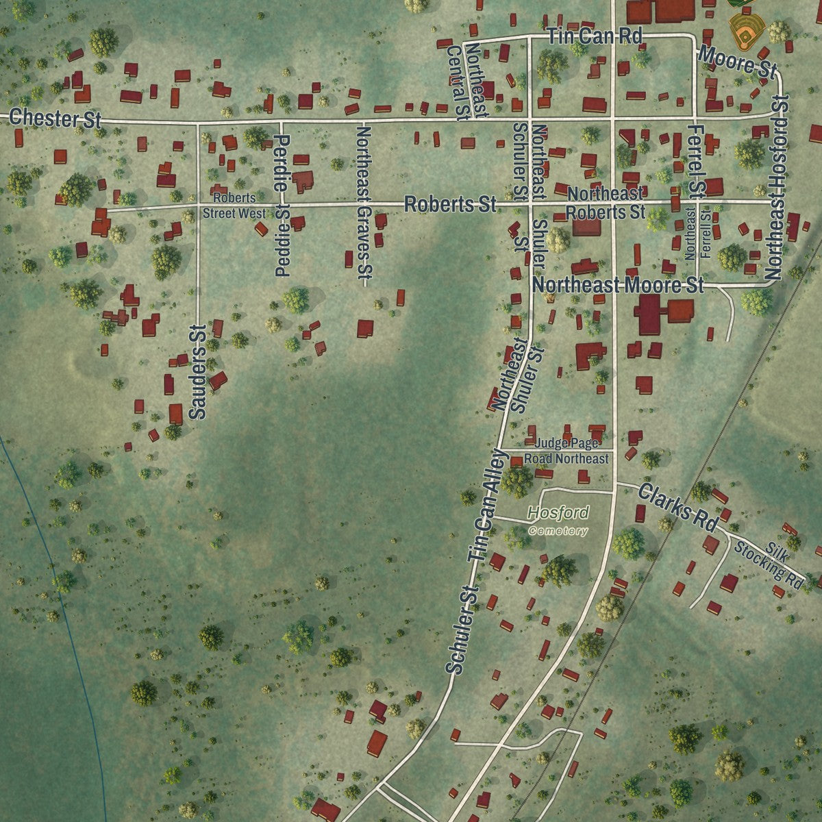 Close-up of the map of Hosford, Florida print showing street and building detail