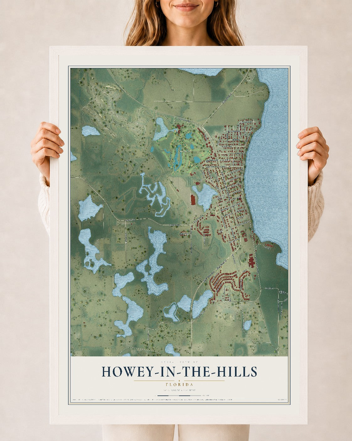 Howey-in-the-Hills, Florida map print, 24" x 36" W/ White Ayous Wood Frame mockup