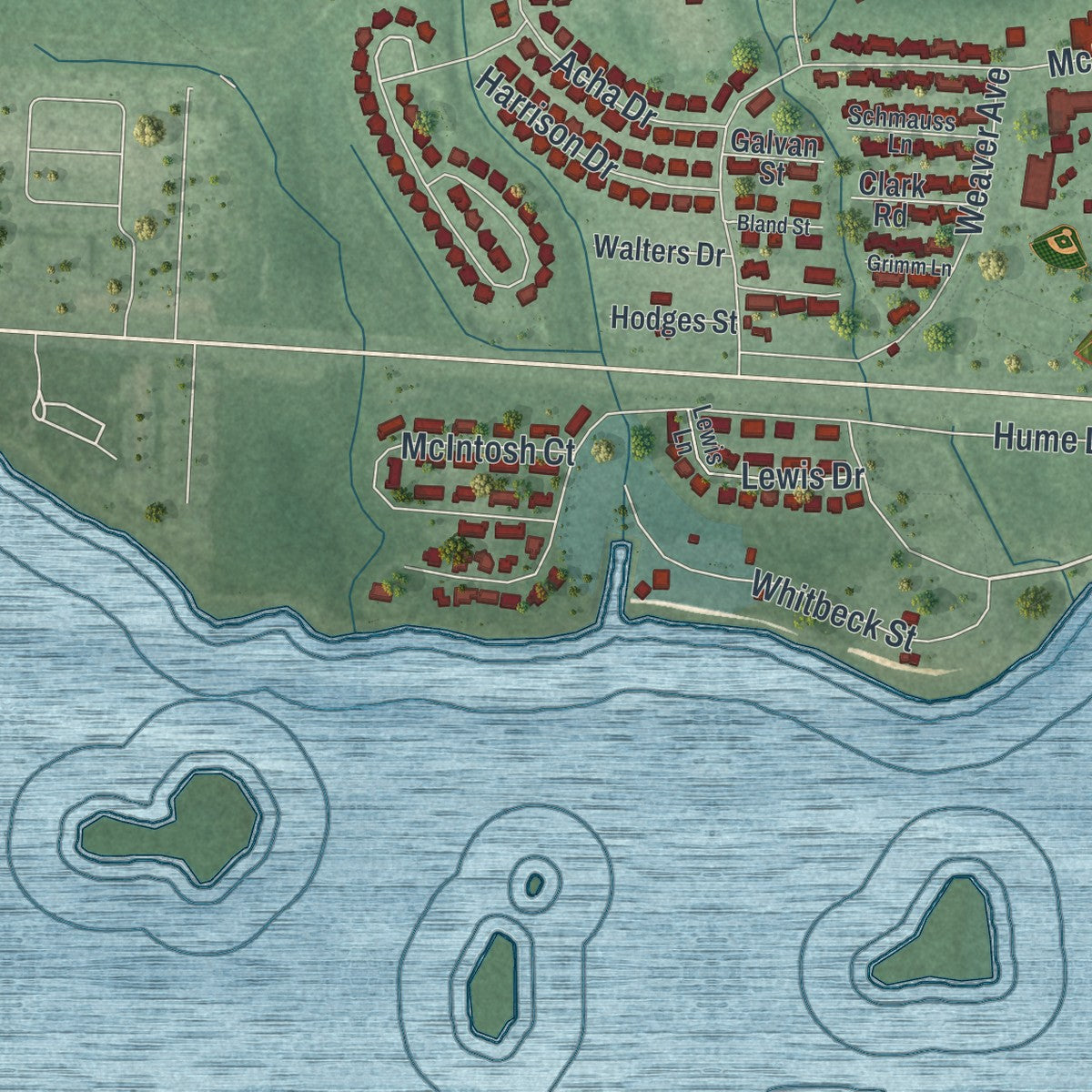 Close-up of the map of Hurlburt Field, Florida print showing street and building detail