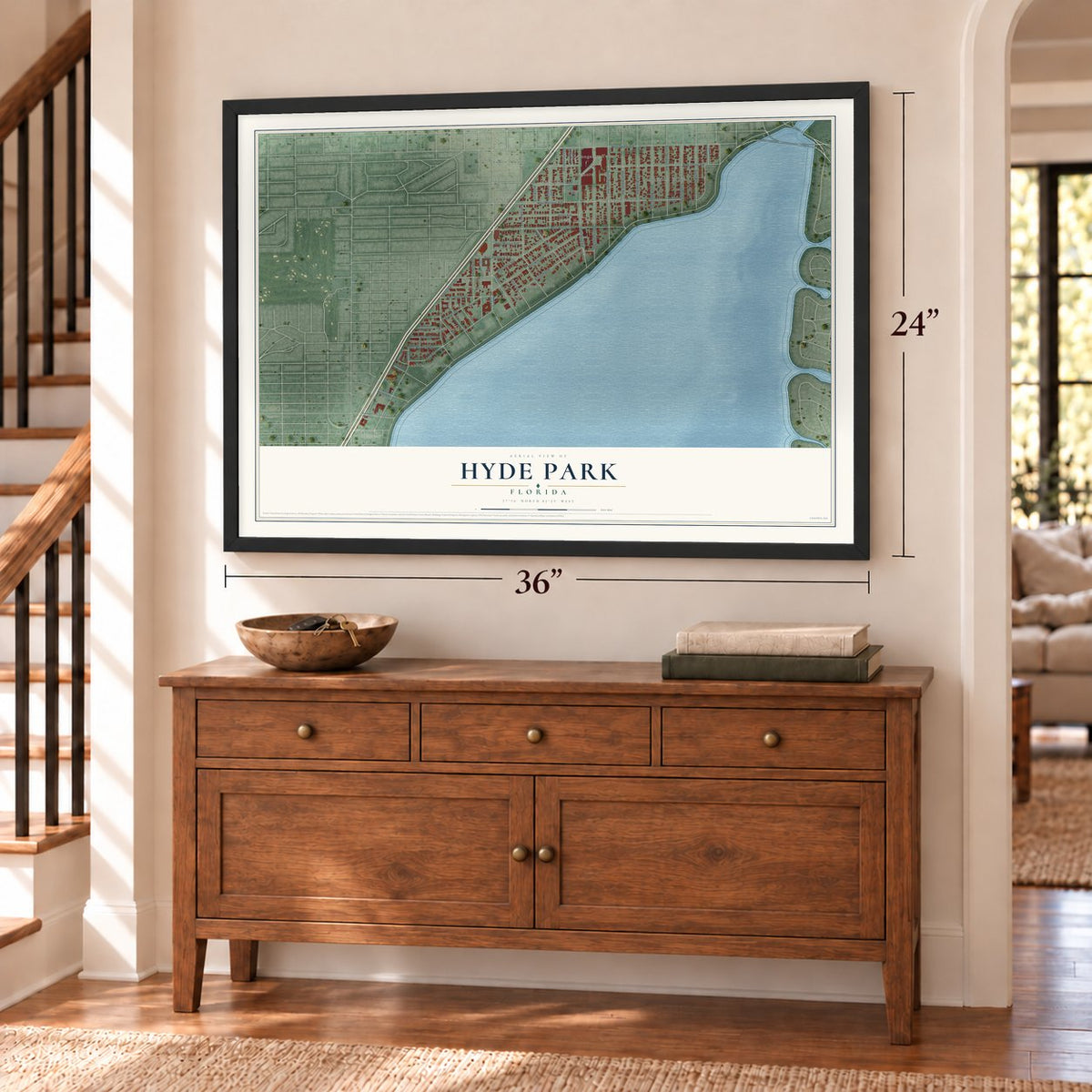 Hyde Park, Florida map, 24 x 36 inch print in a black frame above a dresser by a staircase