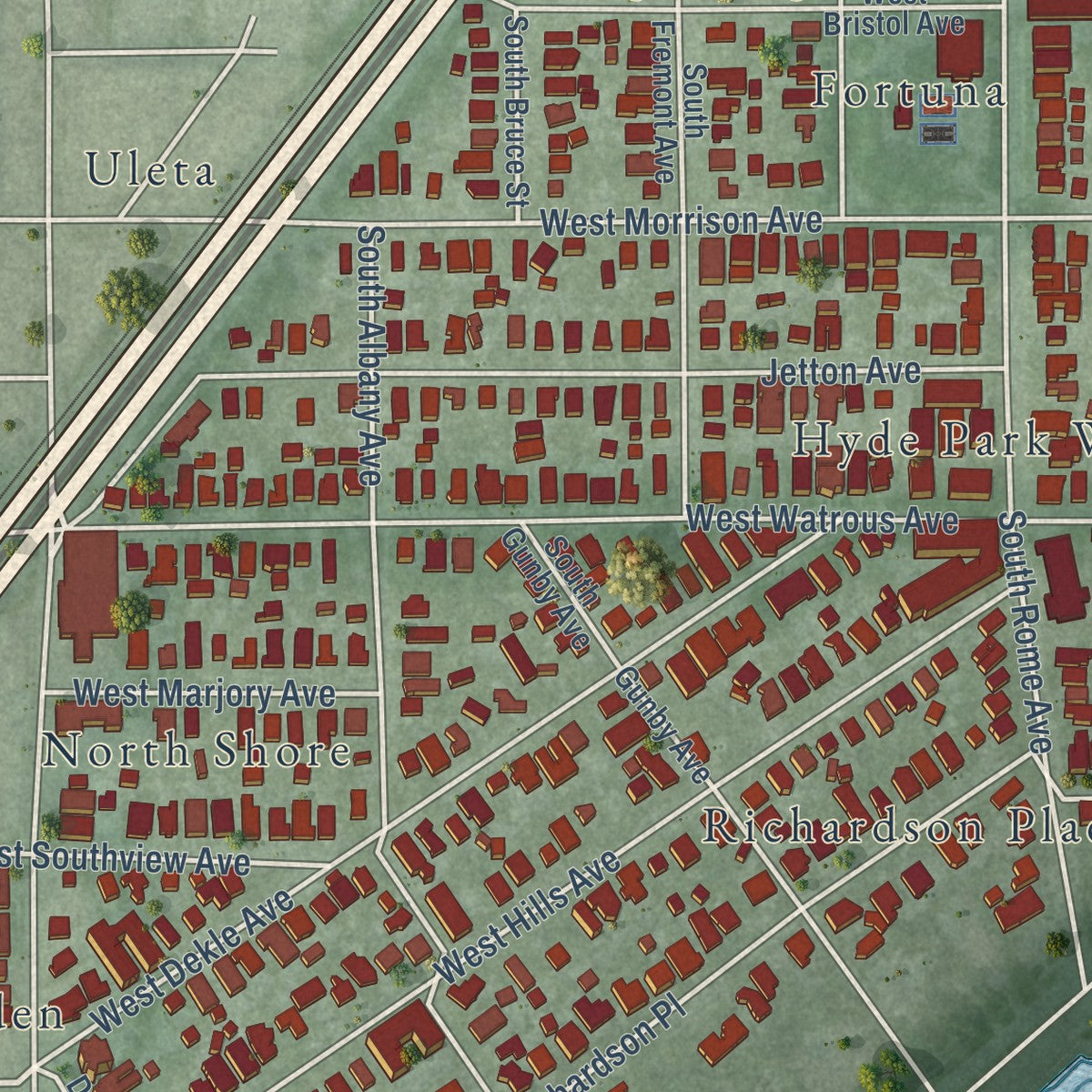 Close-up of the map of Hyde Park, Florida print showing street and building detail
