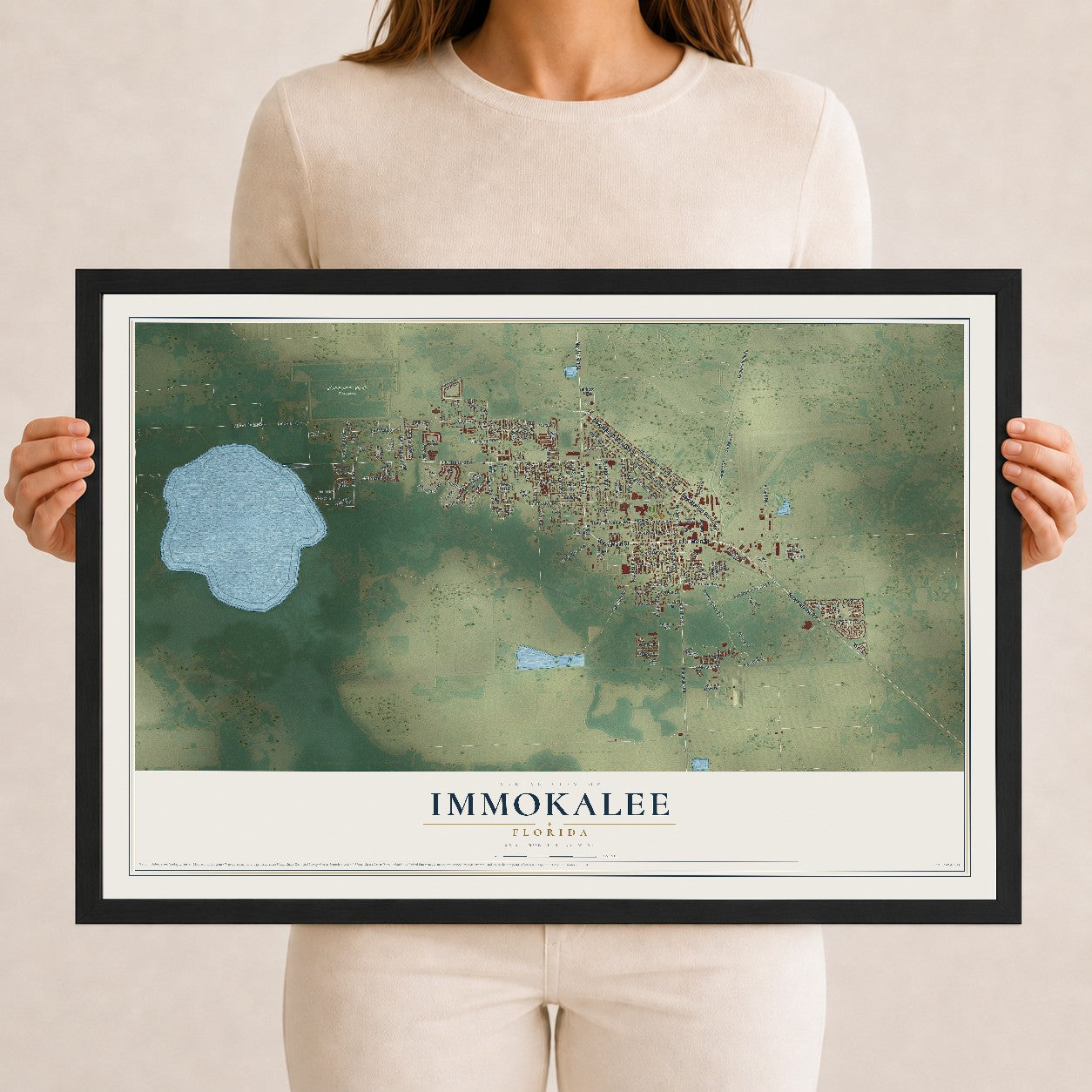 Immokalee, Florida map print, 12" x 18" W/ Black Ayous Wood Frame mockup