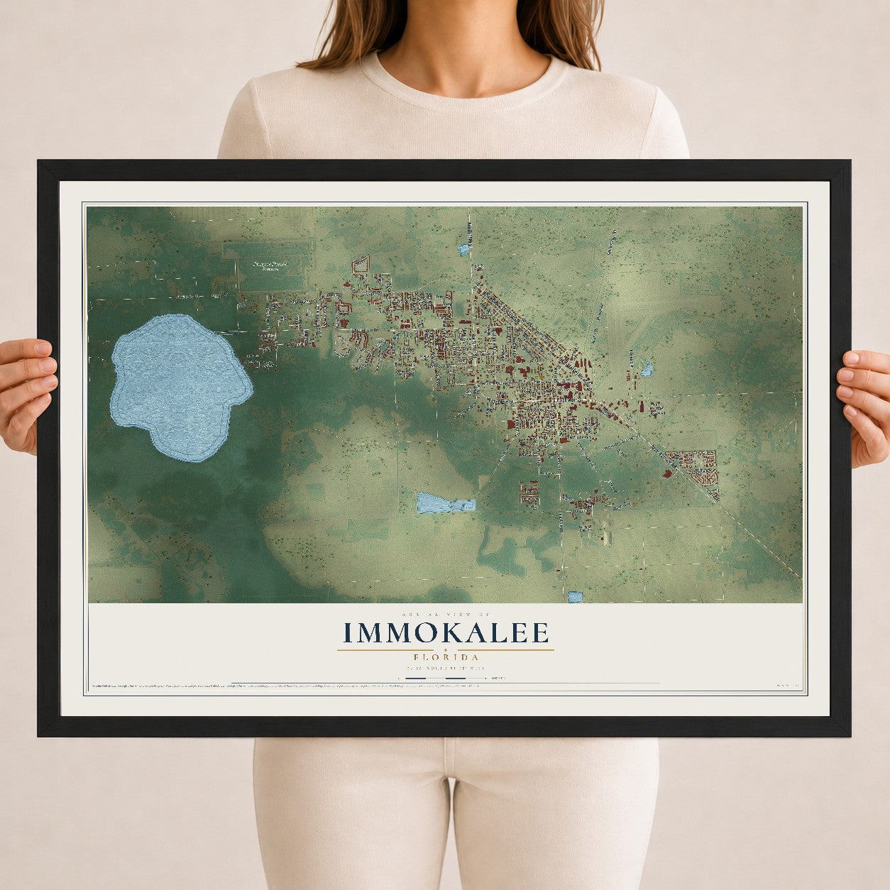 Immokalee, Florida map print, 18" x 24" W/ Black Ayous Wood Frame mockup