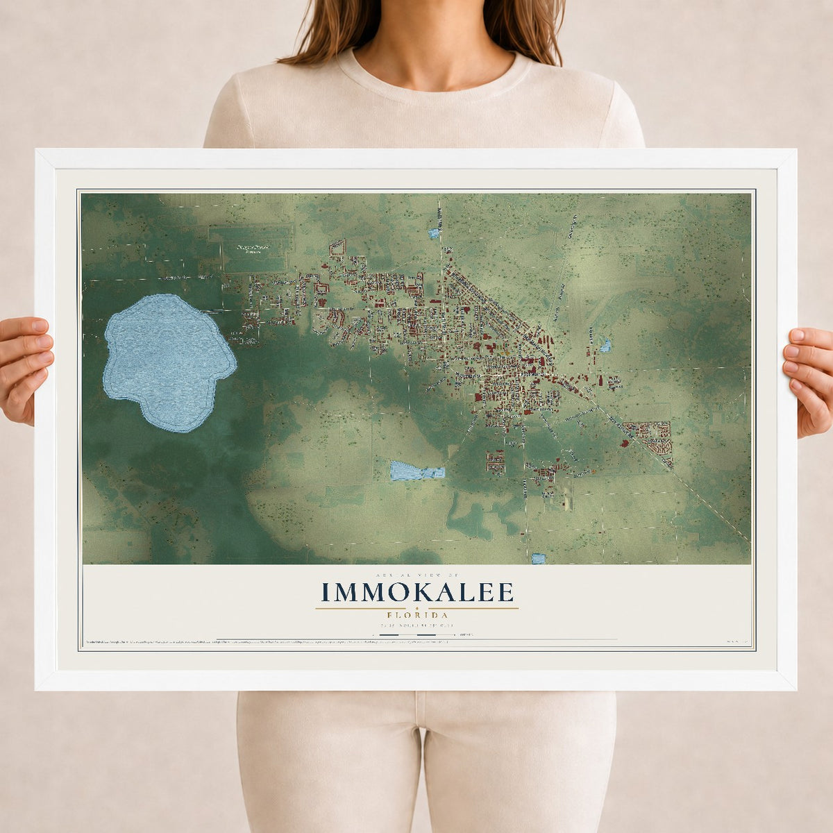Immokalee, Florida map print, 18" x 24" W/ White Ayous Wood Frame mockup
