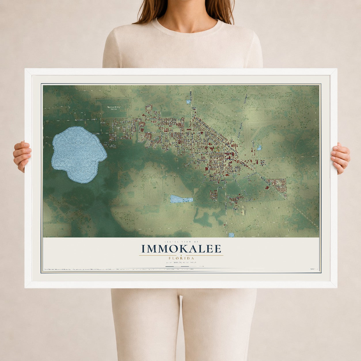 Immokalee, Florida map print, 24" x 36" W/ White Ayous Wood Frame mockup