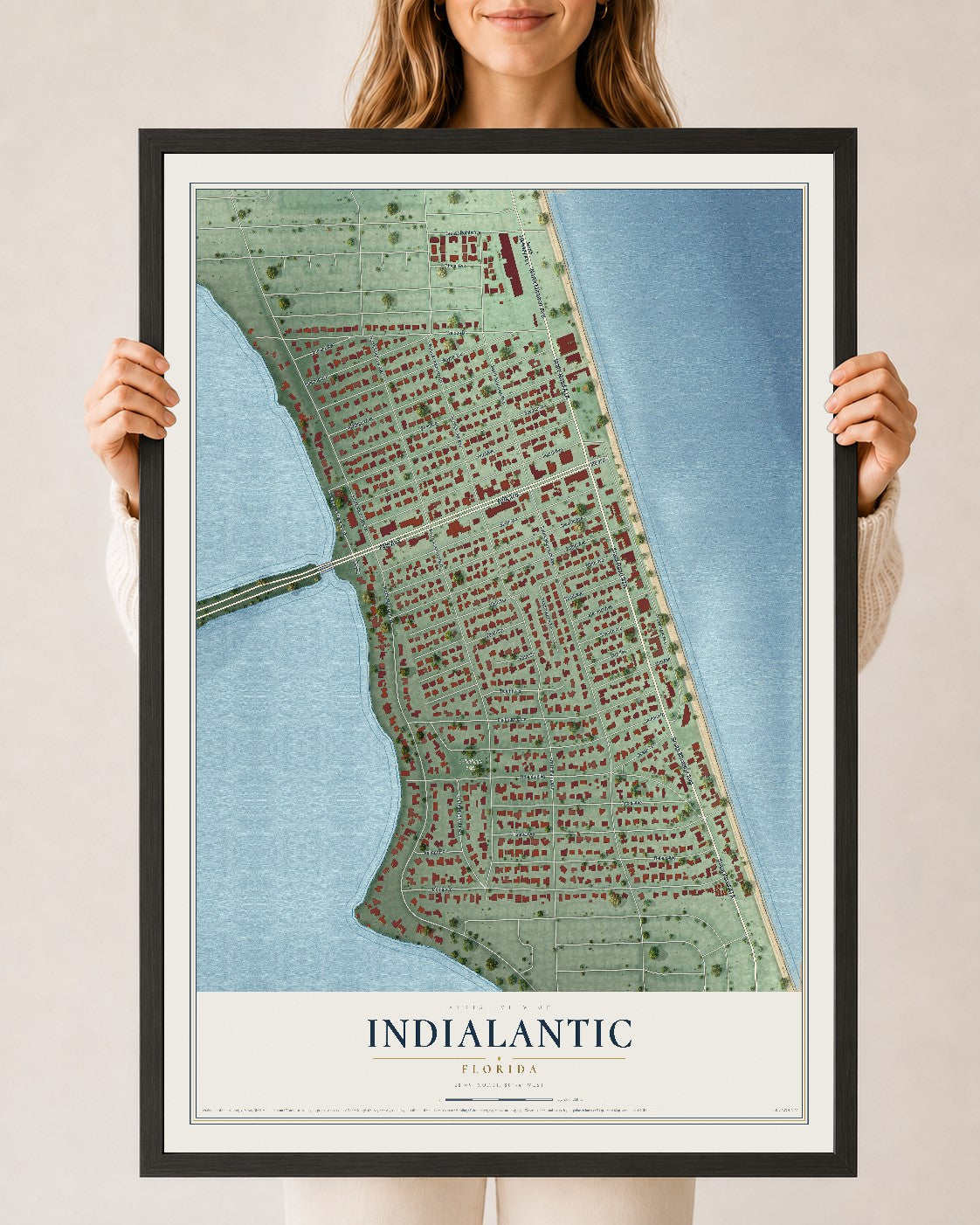 Indialantic, Florida map print, 24" x 36" W/ Black Ayous Wood Frame mockup