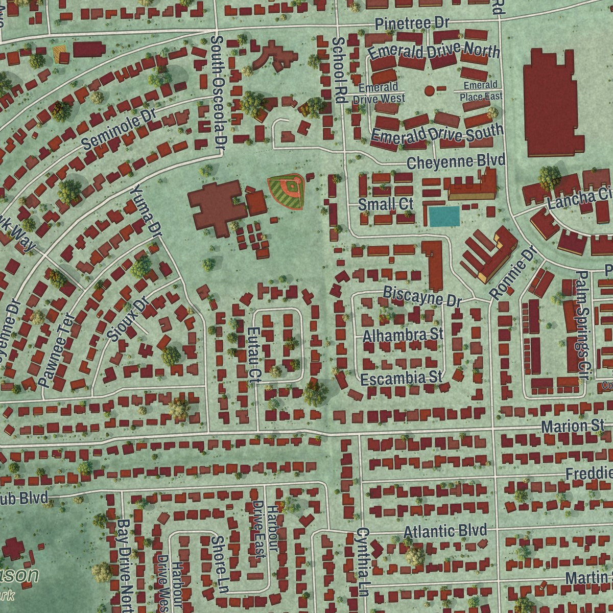 Close-up 1 of the Indian Harbour Beach, Florida map artwork