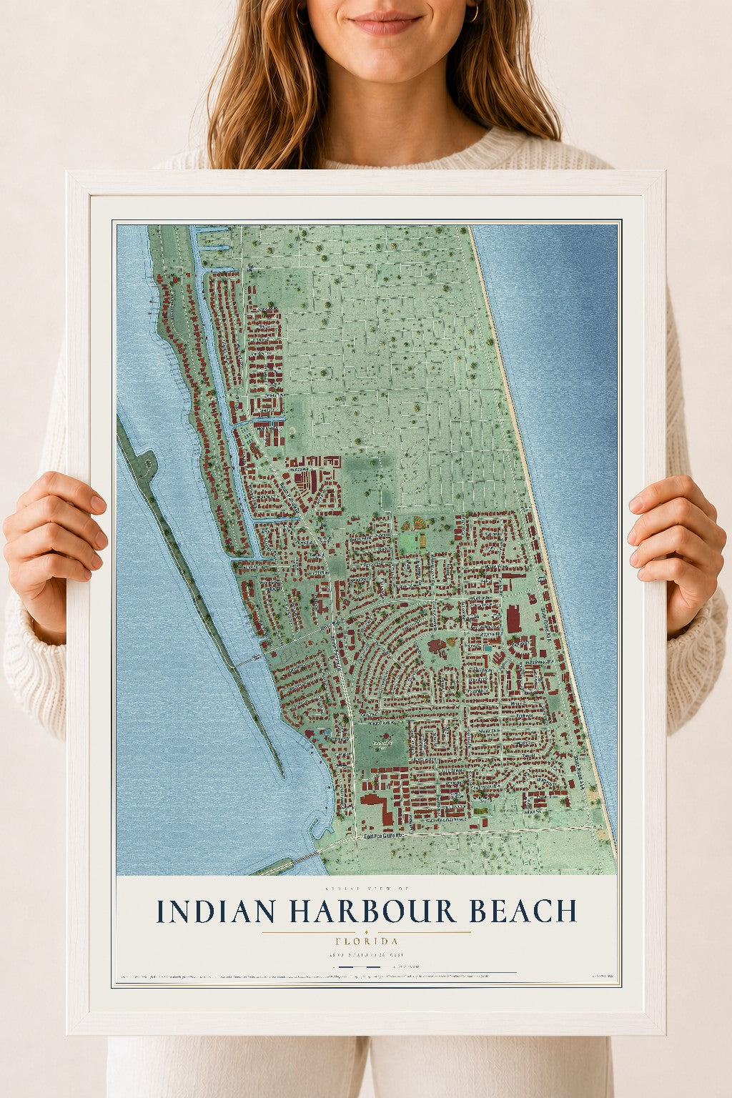 Indian Harbour Beach, Florida map print, 18" x 24" W/ White Ayous Wood Frame mockup