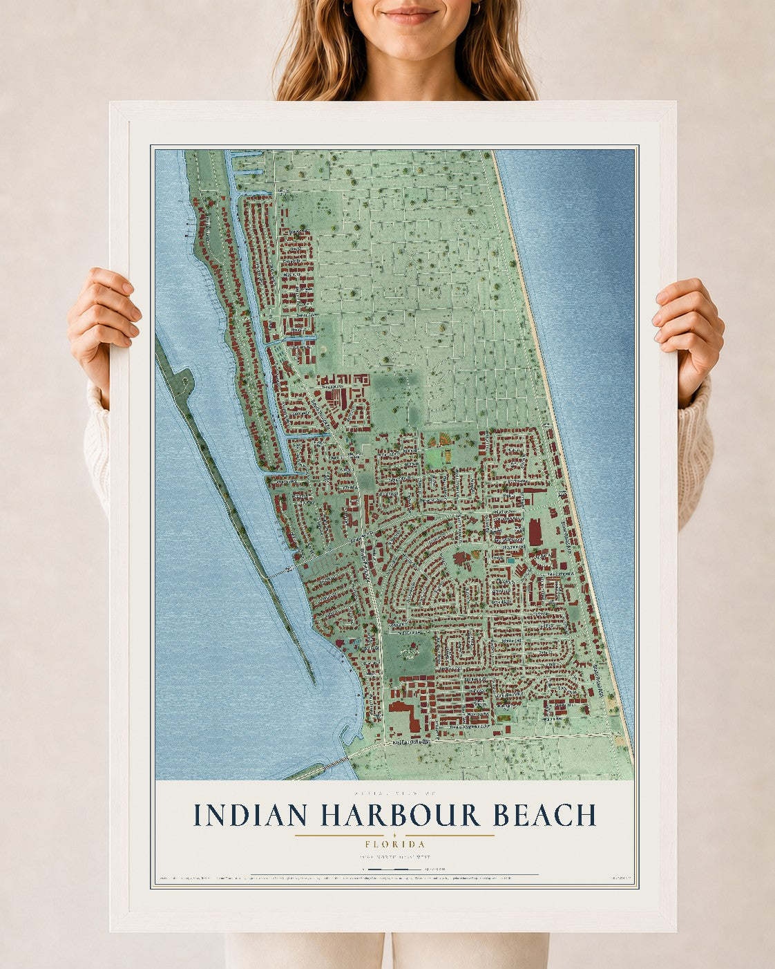 Indian Harbour Beach, Florida map print, 24" x 36" W/ White Ayous Wood Frame mockup