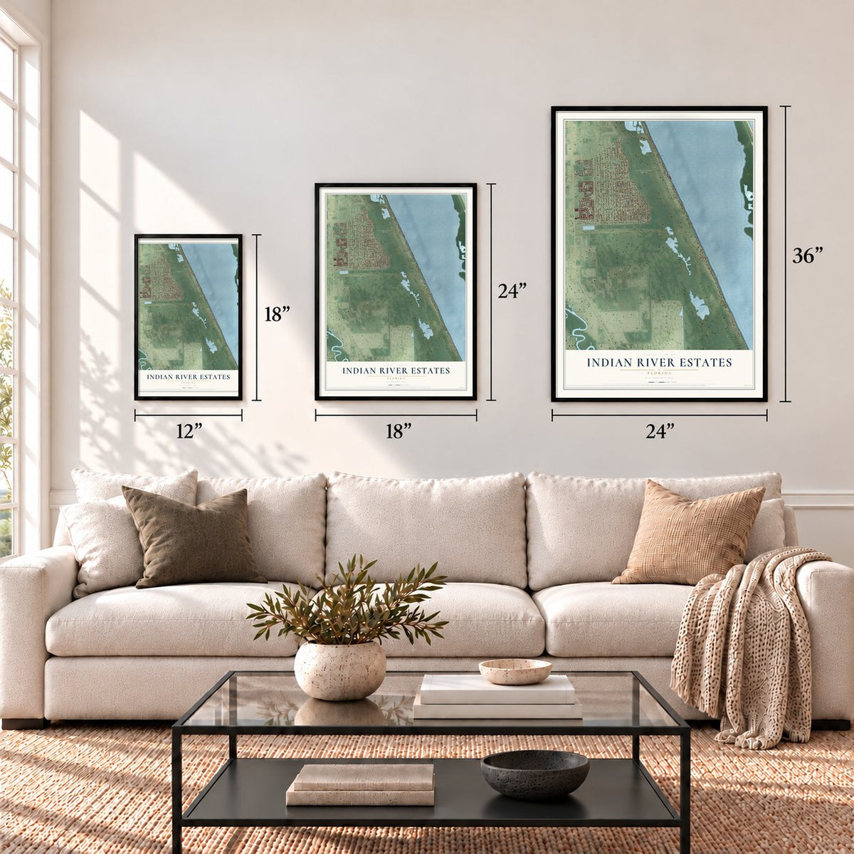 Indian River Estates, Florida map in 12 x 18, 18 x 24 and 24 x 36 inch sizes above a sofa
