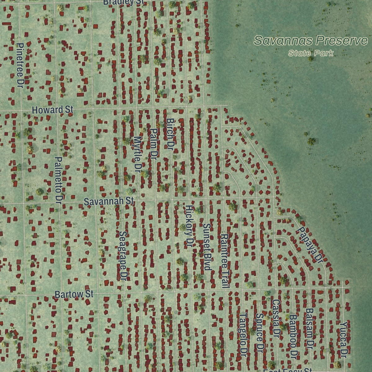 Close-up of the map of Indian River Estates, Florida print showing street and building detail