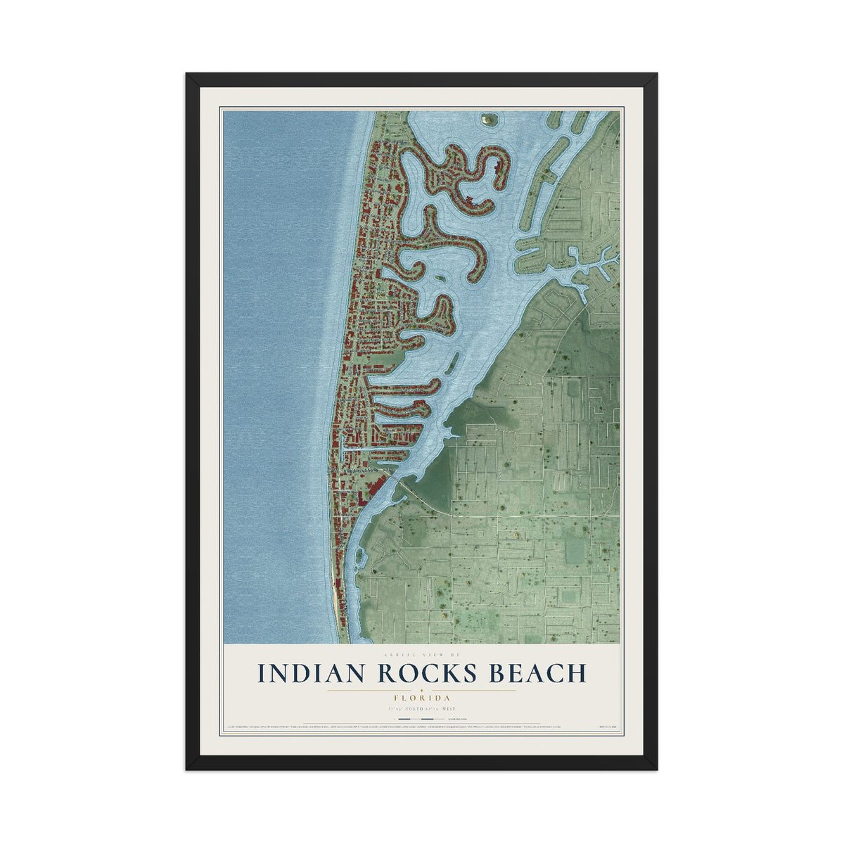 Indian Rocks Beach, Florida map print, 12" x 18" W/ Black Ayous Wood Frame mockup