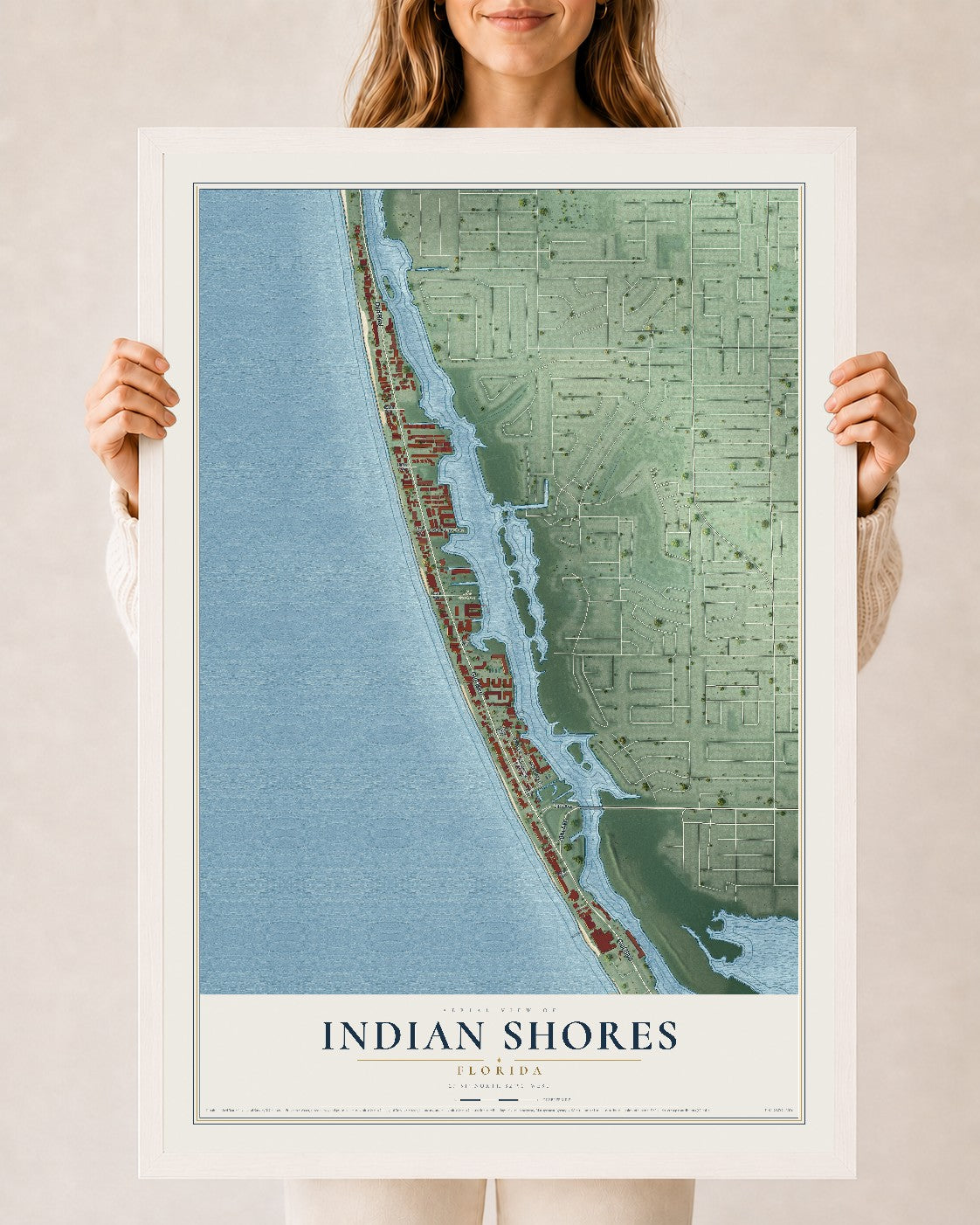 Indian Shores, Florida map print, 24" x 36" W/ White Ayous Wood Frame mockup