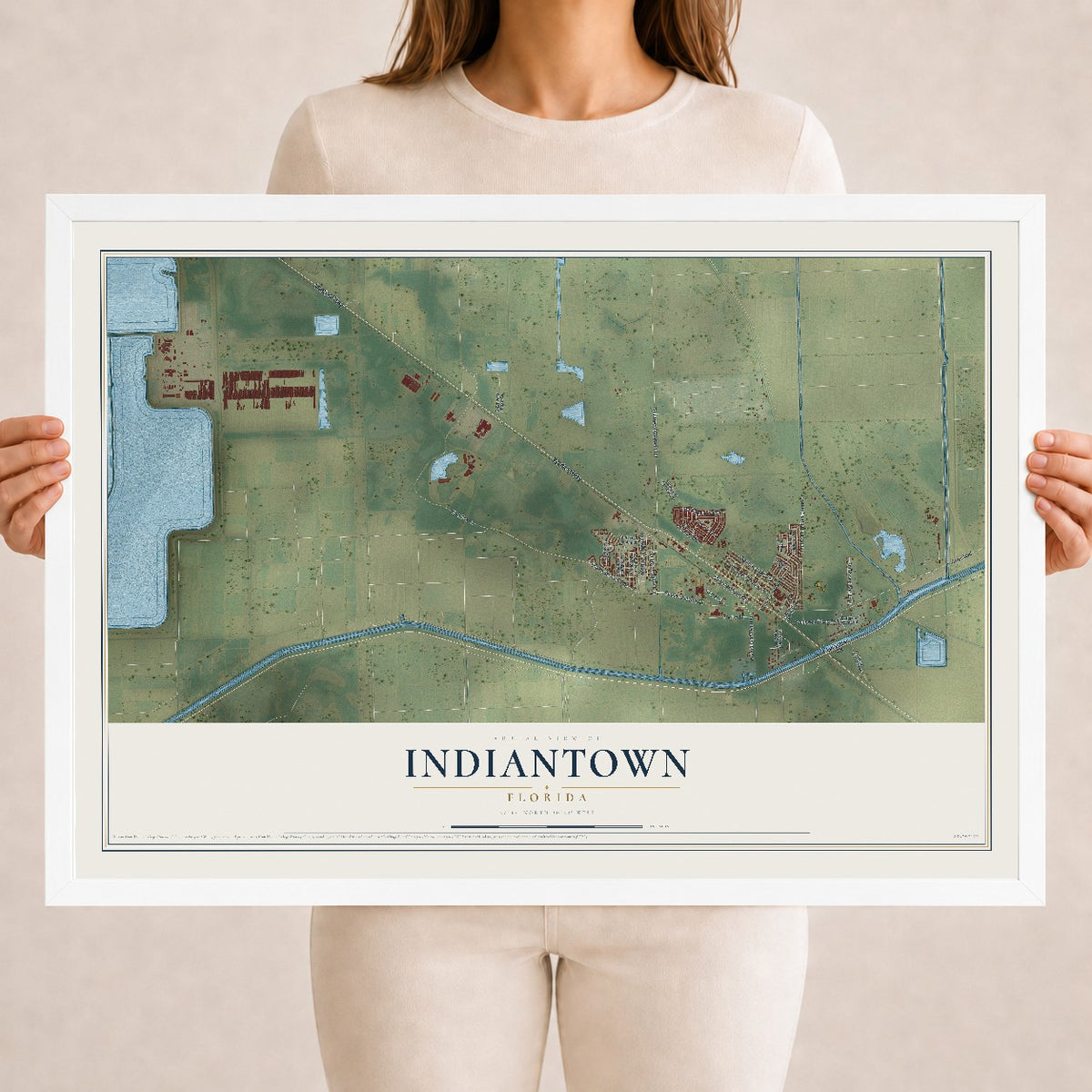 Indiantown, Florida map print, 18" x 24" W/ White Ayous Wood Frame mockup