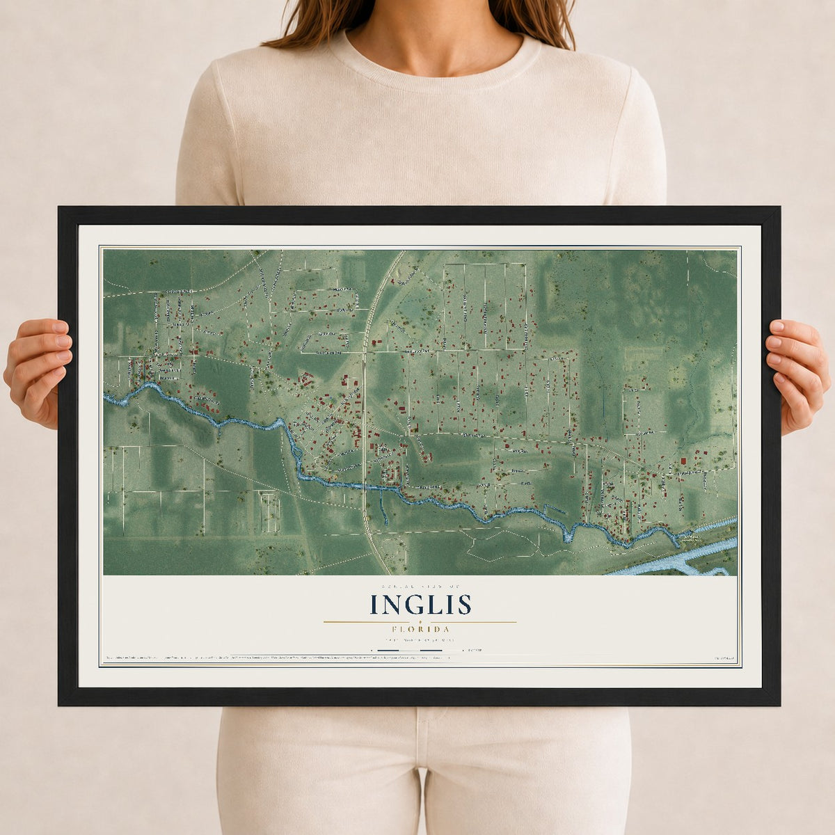 Inglis, Florida map print, 12" x 18" W/ Black Ayous Wood Frame mockup