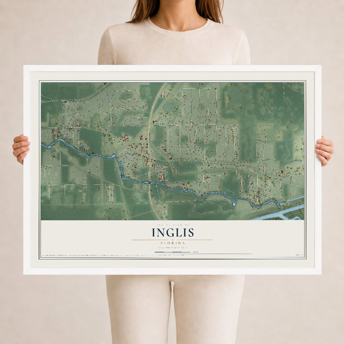 Inglis, Florida map print, 24" x 36" W/ White Ayous Wood Frame mockup