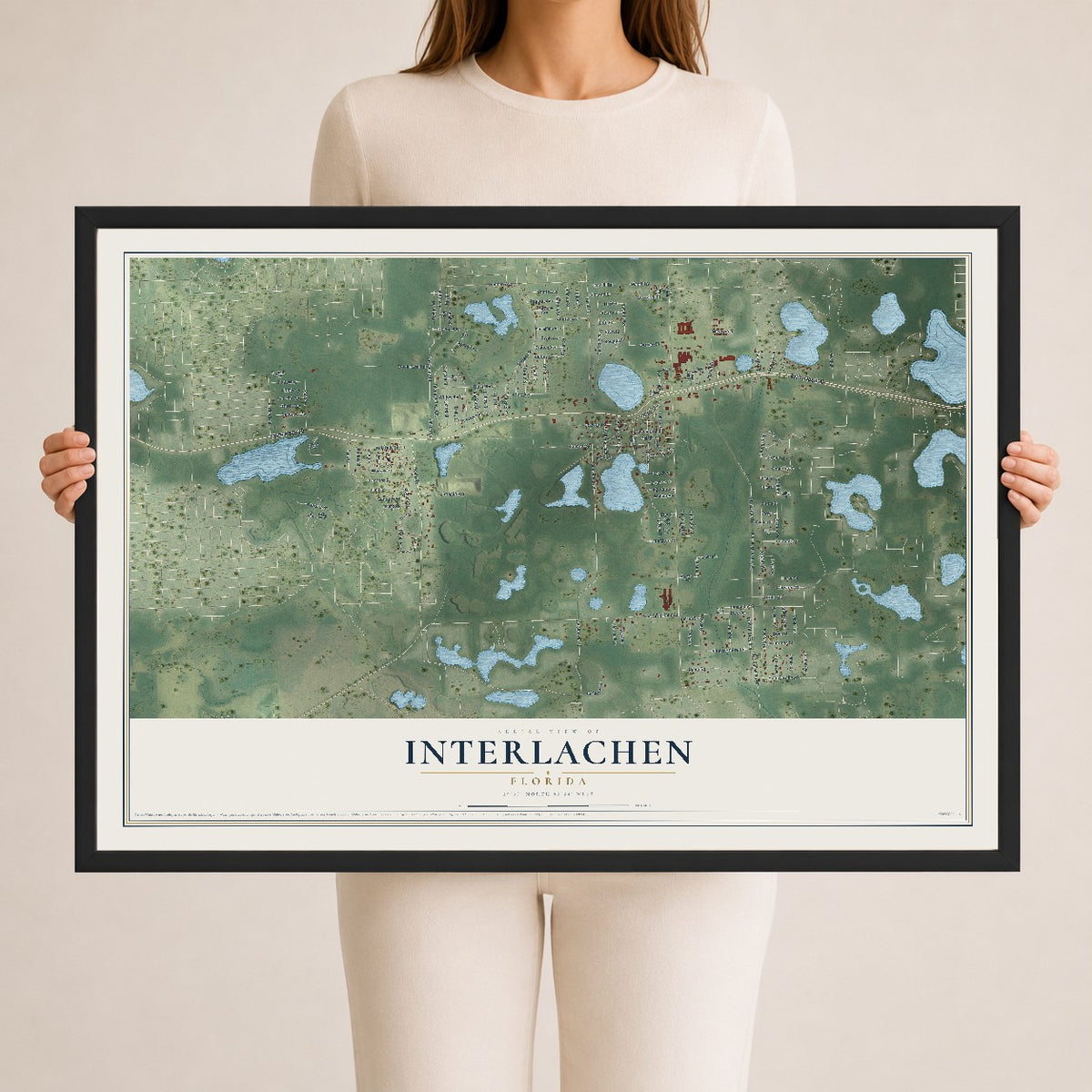 Interlachen, Florida map print, 24" x 36" W/ Black Ayous Wood Frame mockup