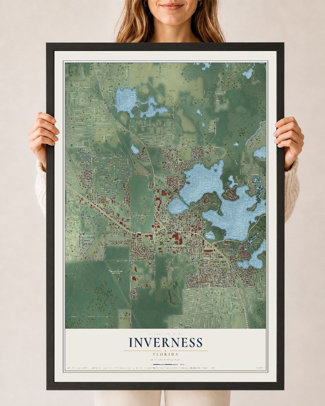 Inverness, Florida map print, 24" x 36" W/ Black Ayous Wood Frame mockup