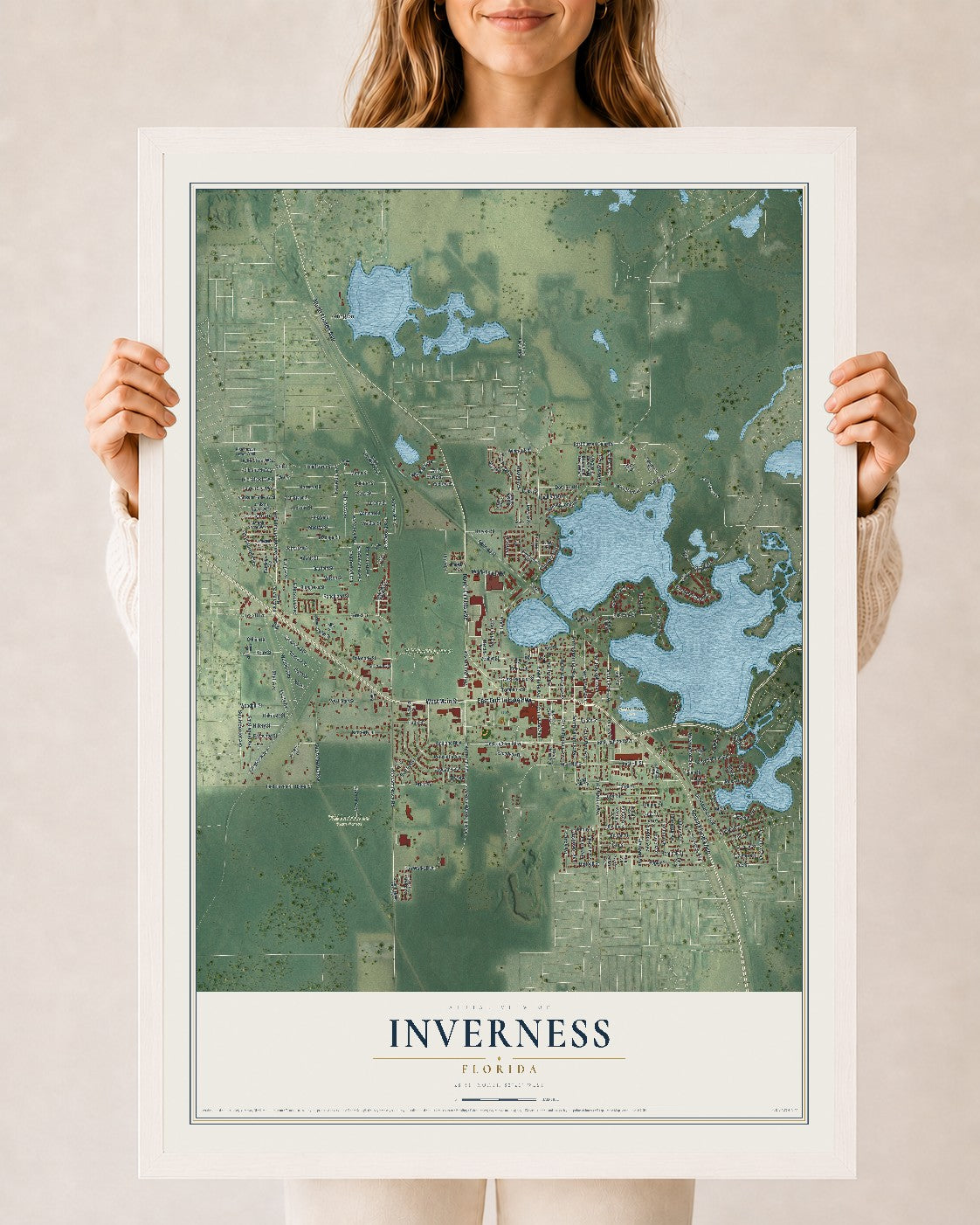 Inverness, Florida map print, 24" x 36" W/ White Ayous Wood Frame mockup