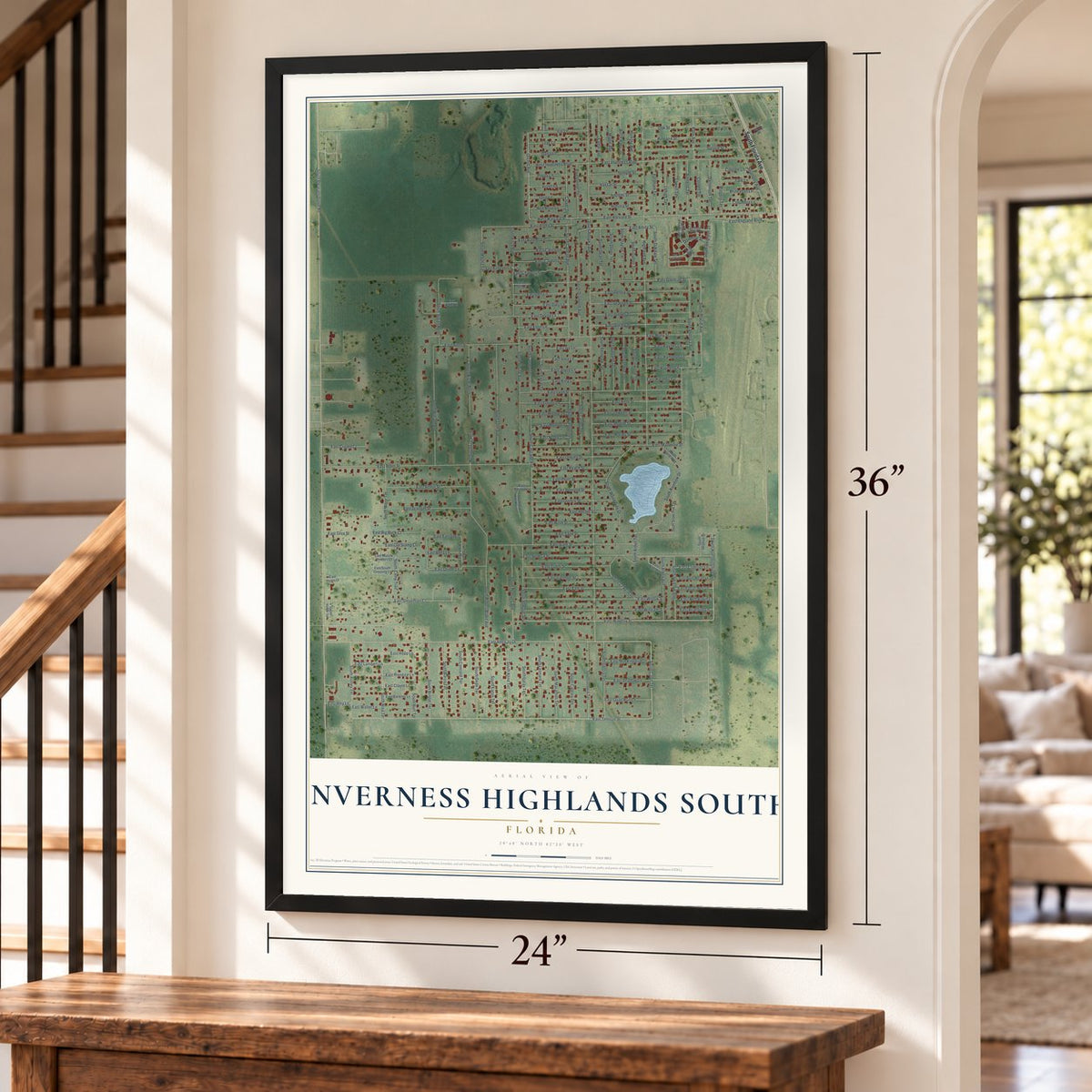 Inverness Highlands South, Florida map, 24 x 36 inch print in a black frame by a staircase