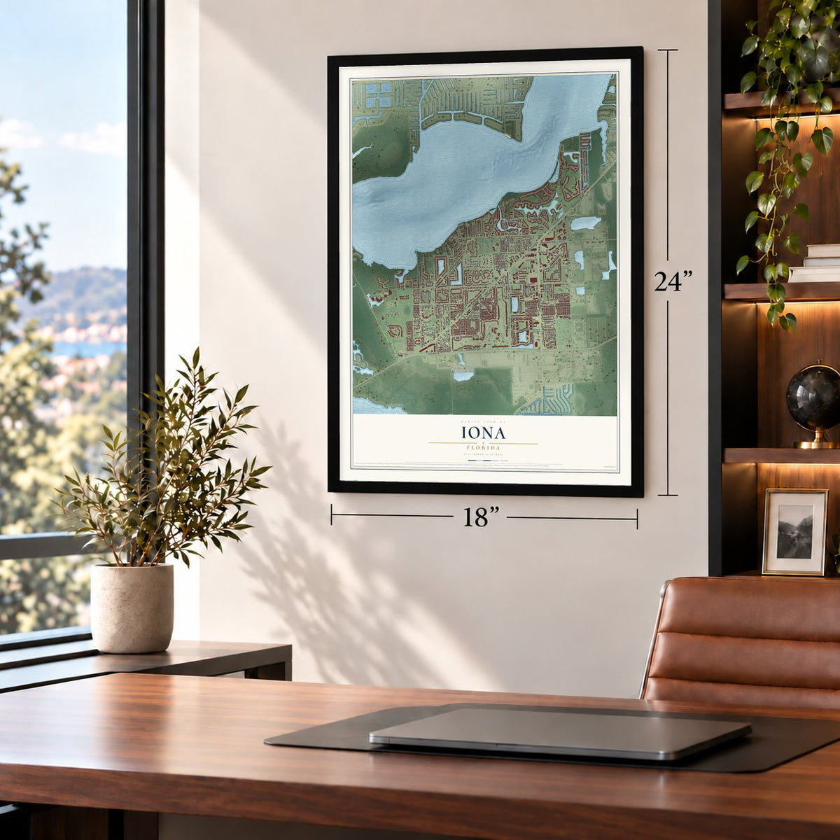 Iona, Florida map, 18 x 24 inch print in a black frame in a home office