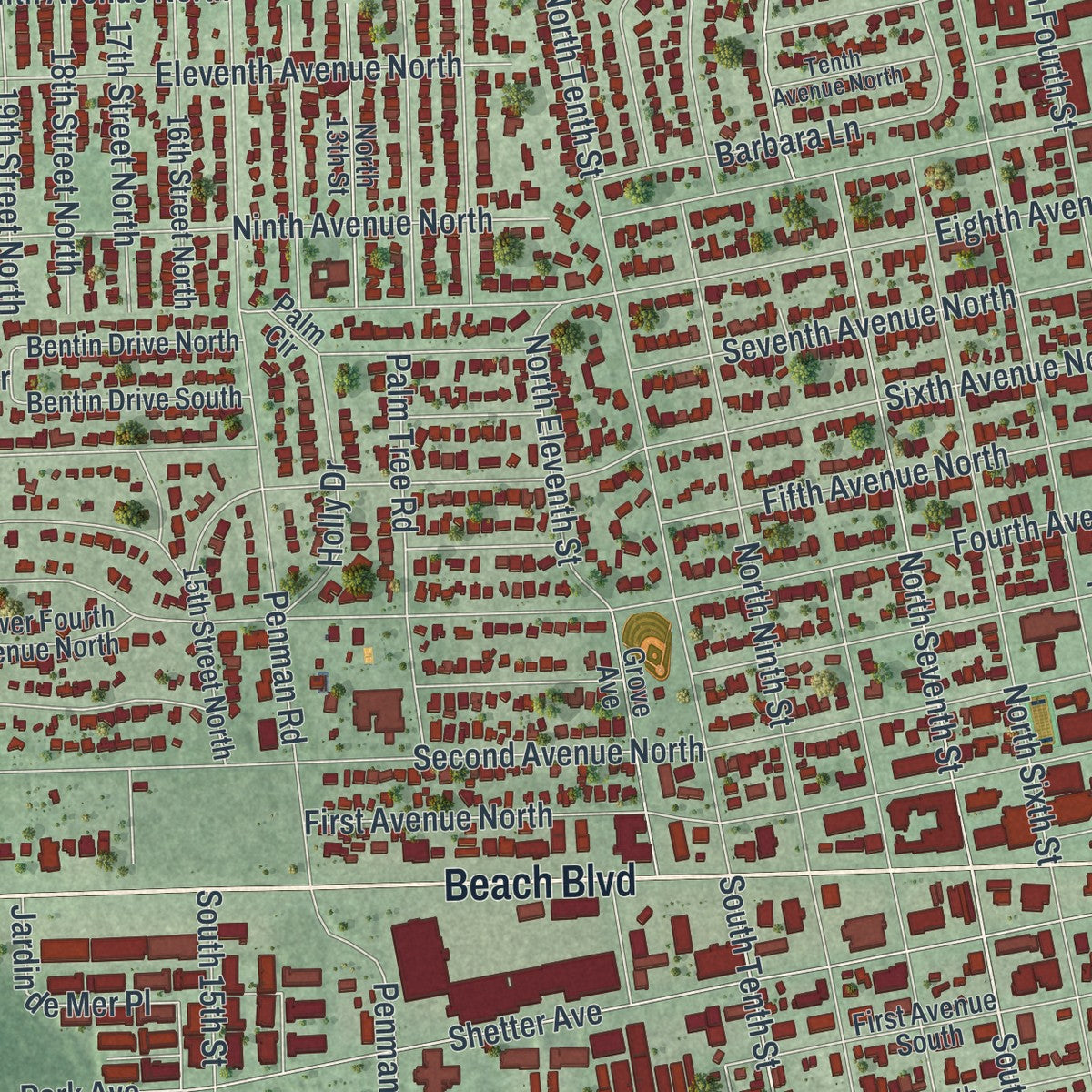Close-up 1 of the Jacksonville Beach, Florida map artwork